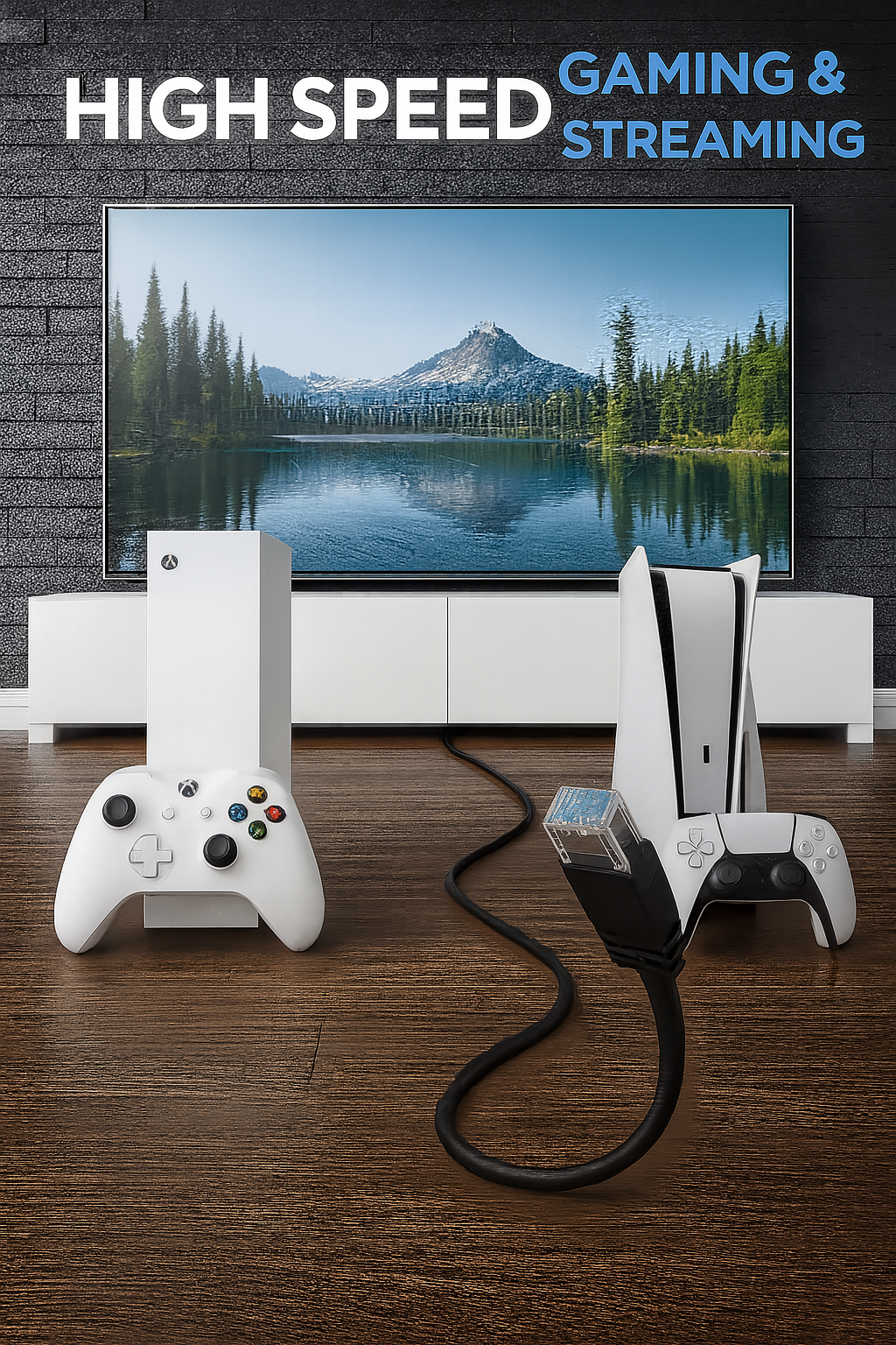Weiße Xbox- und PS5-Konsolen mit Controllern, verbunden durch ein schwarzes Kabel mit einem TV-Gerät mit Berglandschaft.