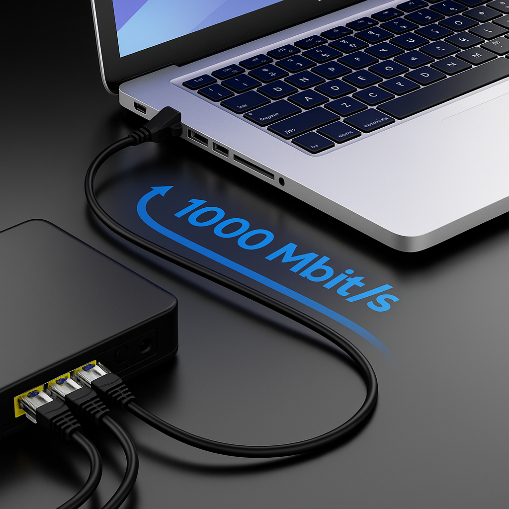 Laptop mit schwarzem Router über schwarzes Kabel verbunden, Text '1000 Mbit/s' blau überlagert.
