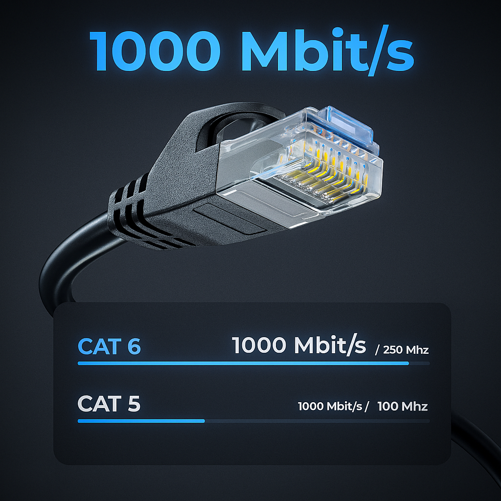 Nahaufnahme eines Netzwerkkabels mit Text '1000 Mbit/s' und Beschriftungen 'CAT 6' und 'CAT 5'.