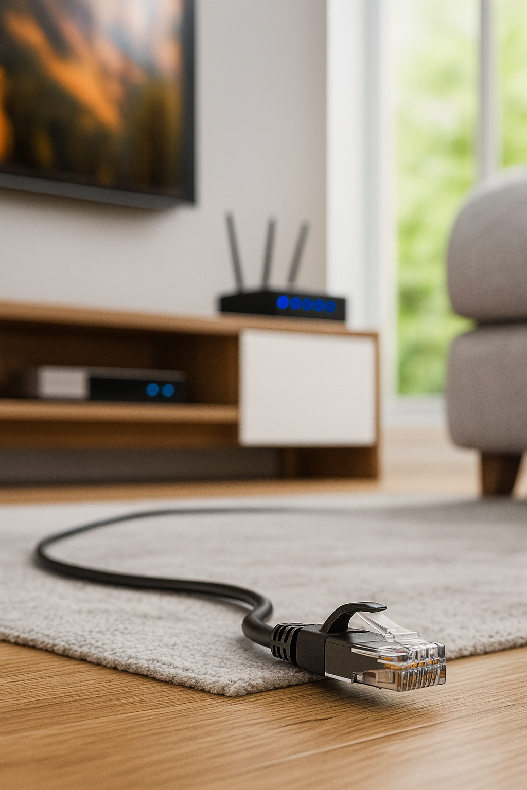 Ein Ethernet-Kabel, das mit einem Router und einem Fernseher verbunden ist, auf einem Teppich und Holzboden.