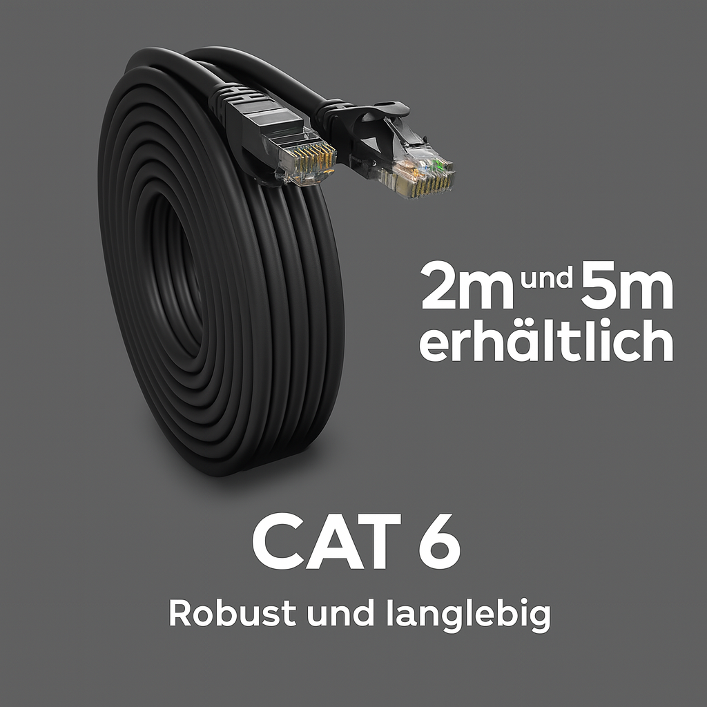 Aufgerolltes schwarzes Ethernet-Kabel. Text besagt, dass es CAT 6 ist und robust und langlebig.
