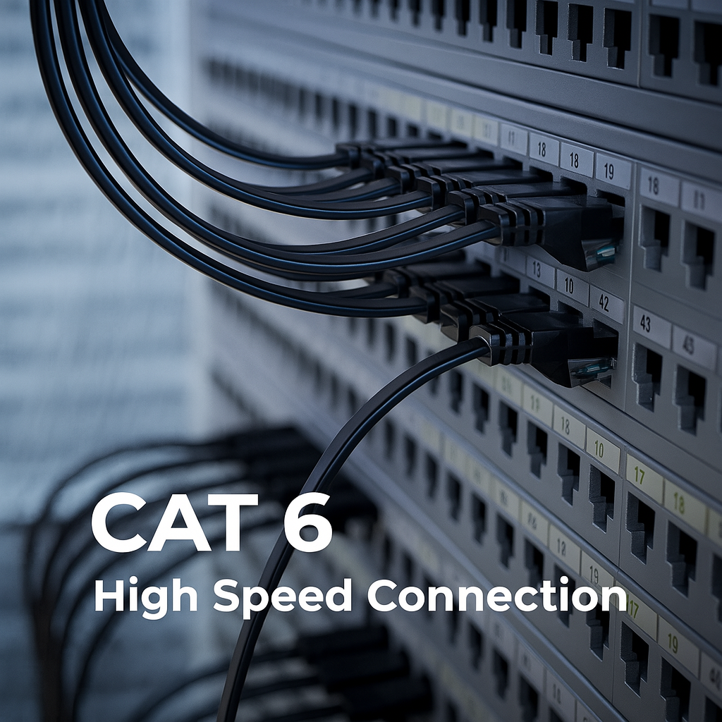 Netzwerkserver mit Kabeln. Kabel sind mit dem Server verbunden, beschriftet CAT 6, High-Speed-Verbindung.