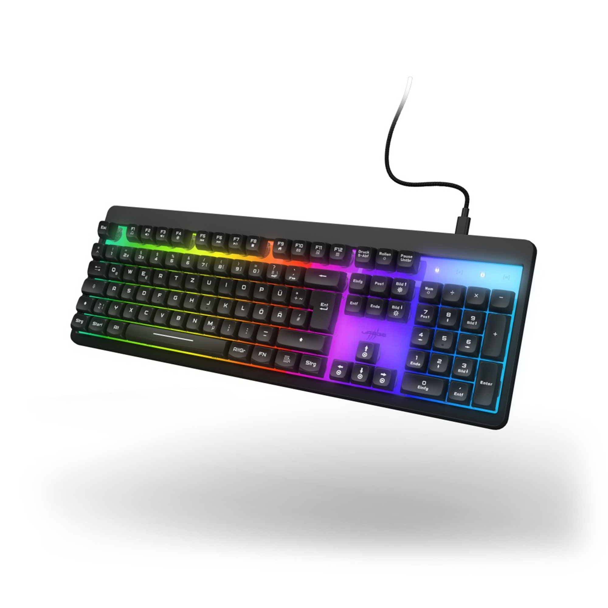 Schwarze Tastatur mit farbigen beleuchteten Tasten auf weißem Hintergrund; Kabel angeschlossen.