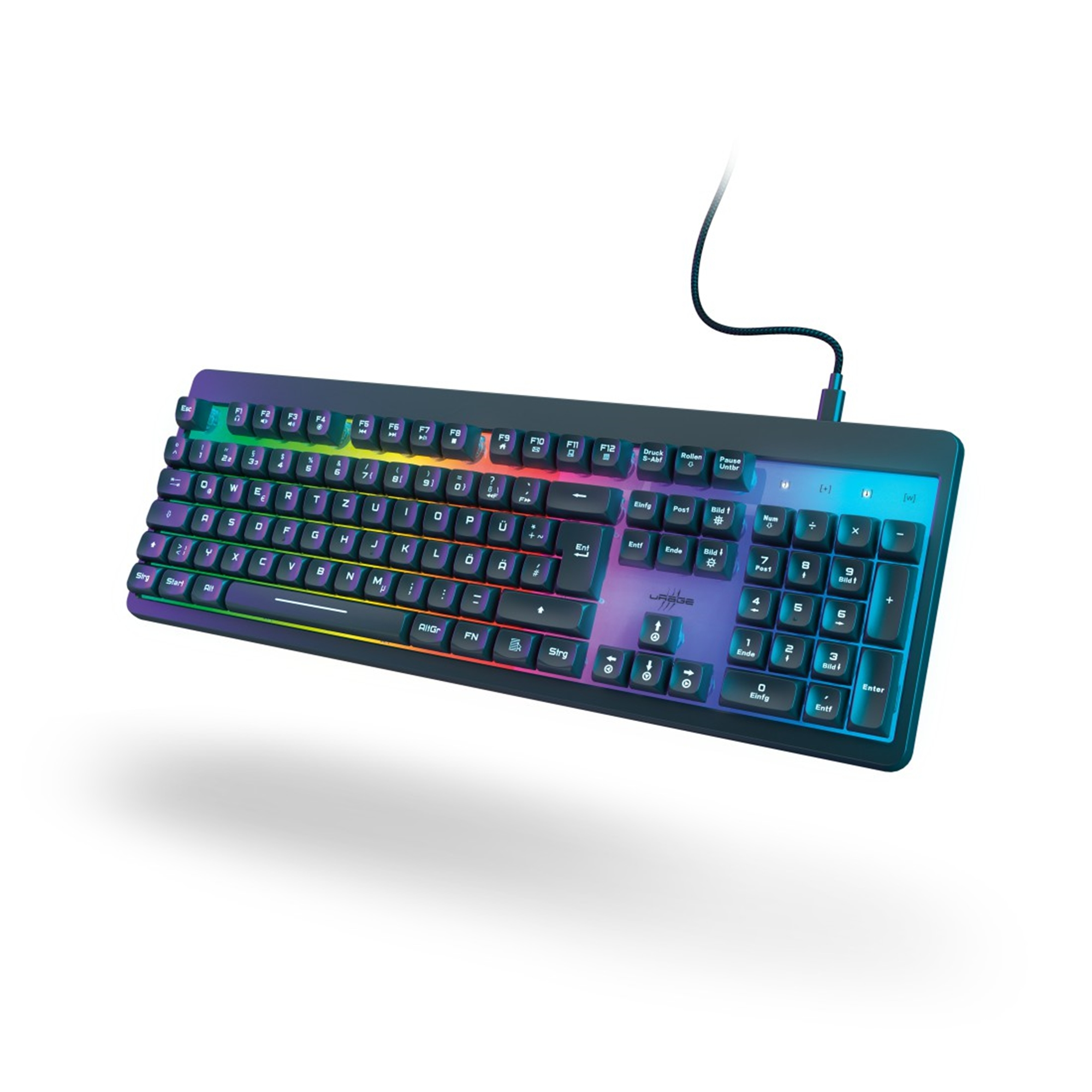 Eine Gaming-Tastatur mit Hintergrundbeleuchtung in Regenbogenfarben. Auf weißem Grund schwebend.