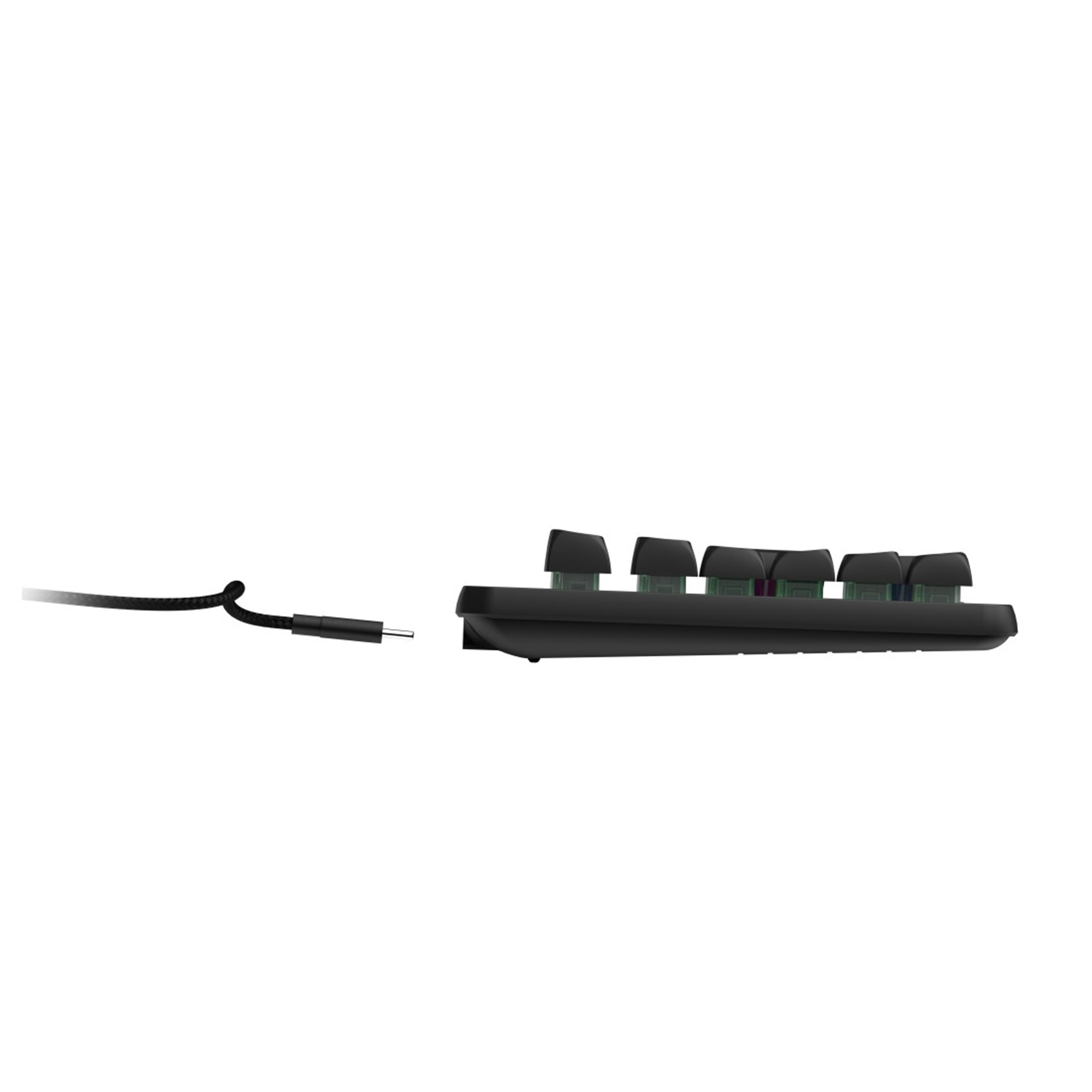 Schwarze Tastatur mit beleuchteten Tasten, Kabel abgetrennt, auf weißem Hintergrund, schräg gestellt.
