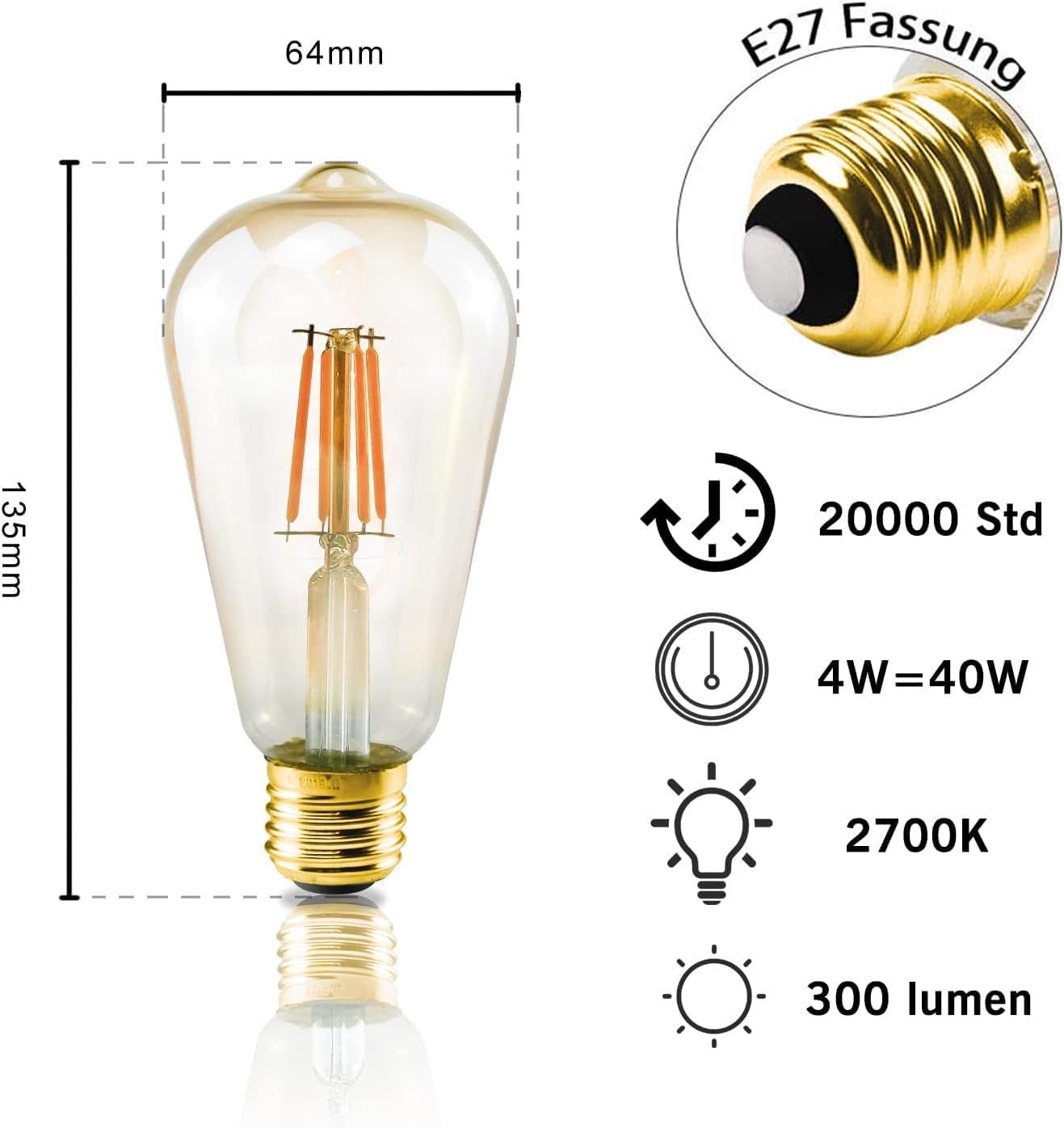 Eine große Edison-Glühbirne mit technischen Details, einschließlich Abmessungen, Wattzahl und Farbtemperatur.