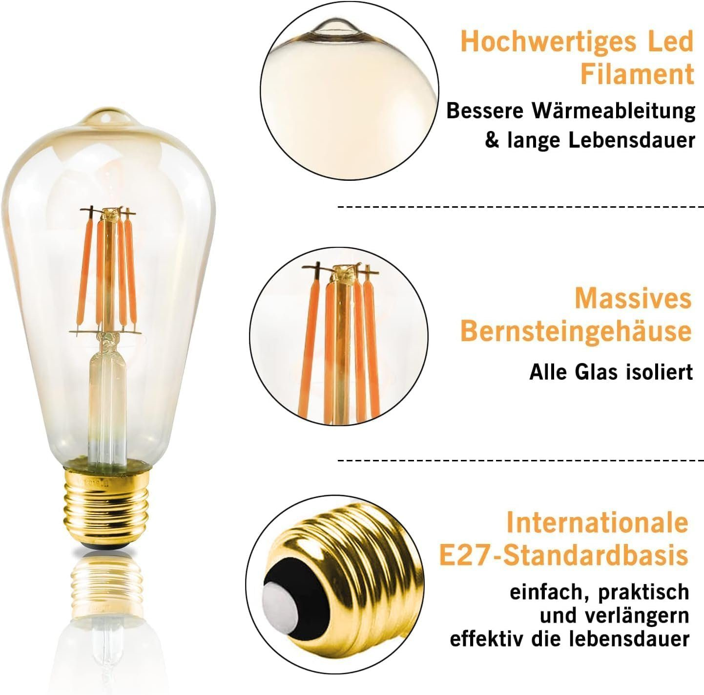 Edison-Glühbirne mit Textdetails, die Glühfaden, Amberglas und E27-Sockel hervorheben.