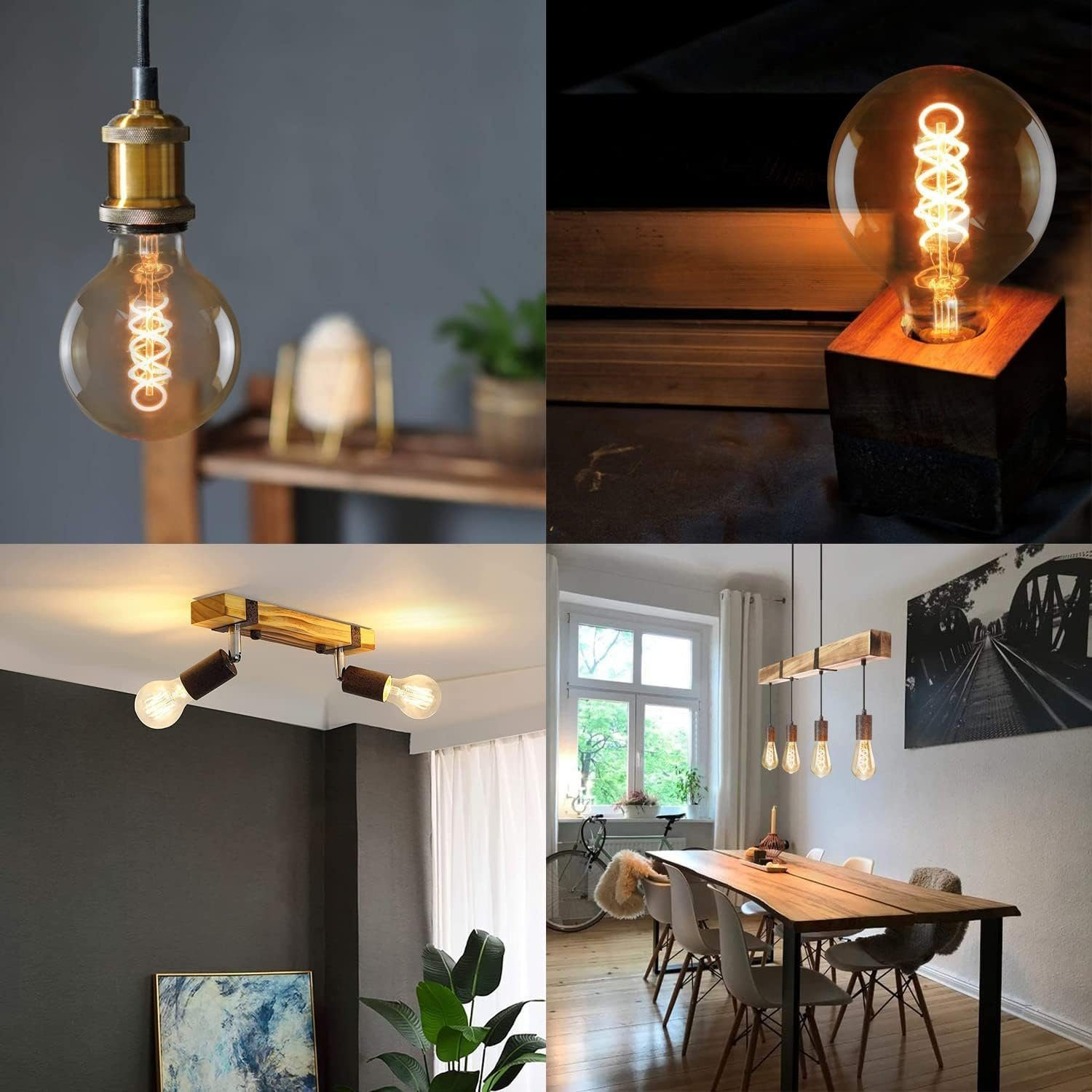 Lampade multiple in diverse ambientazioni: sospese, da tavolo e a soffitto. Tutte con lampadine Edison.