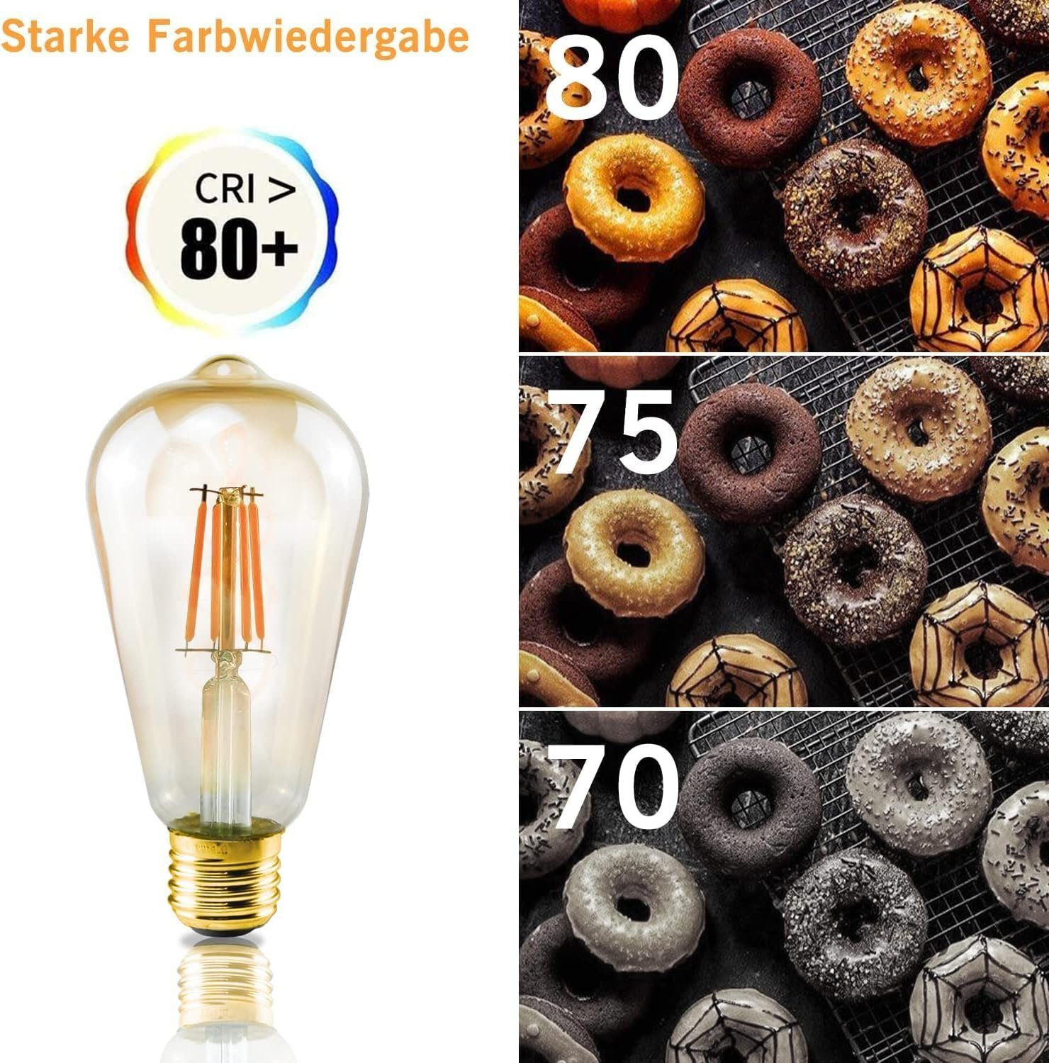 Eine Edison-Glühbirne mit Donuts-Displays, die den Farbwiedergabeindex (CRI) von 80+ und die Donuts zeigen.