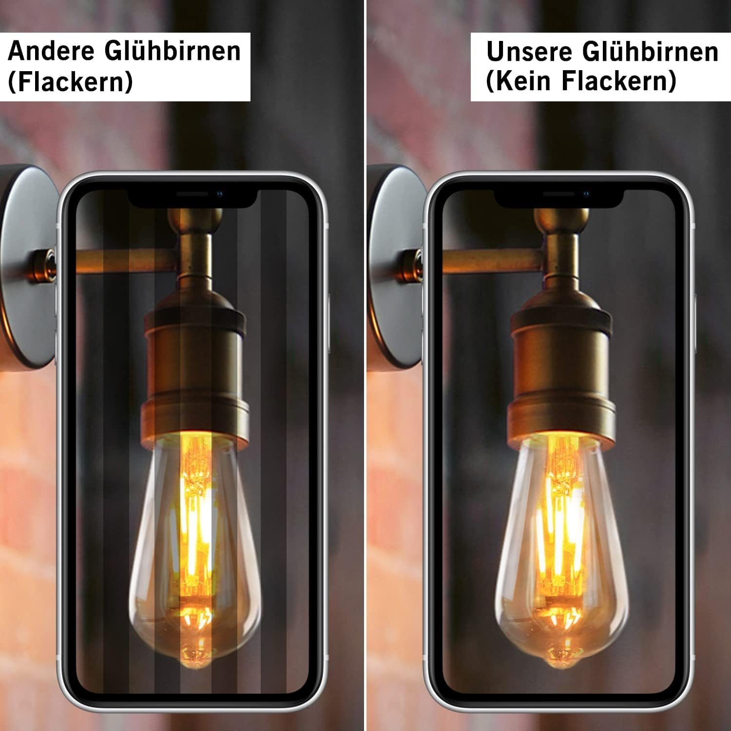 Zwei Telefone zeigen Edison-Glühbirnen. Eine flackert, die andere nicht. Text beschriftet sie.