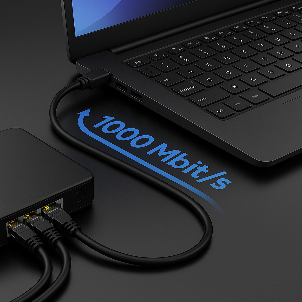 Ein Laptop, der über ein USB-Kabel mit einer Festplatte verbunden ist, mit einer visuellen Geschwindigkeitsanzeige von 1000 Mbit/s.