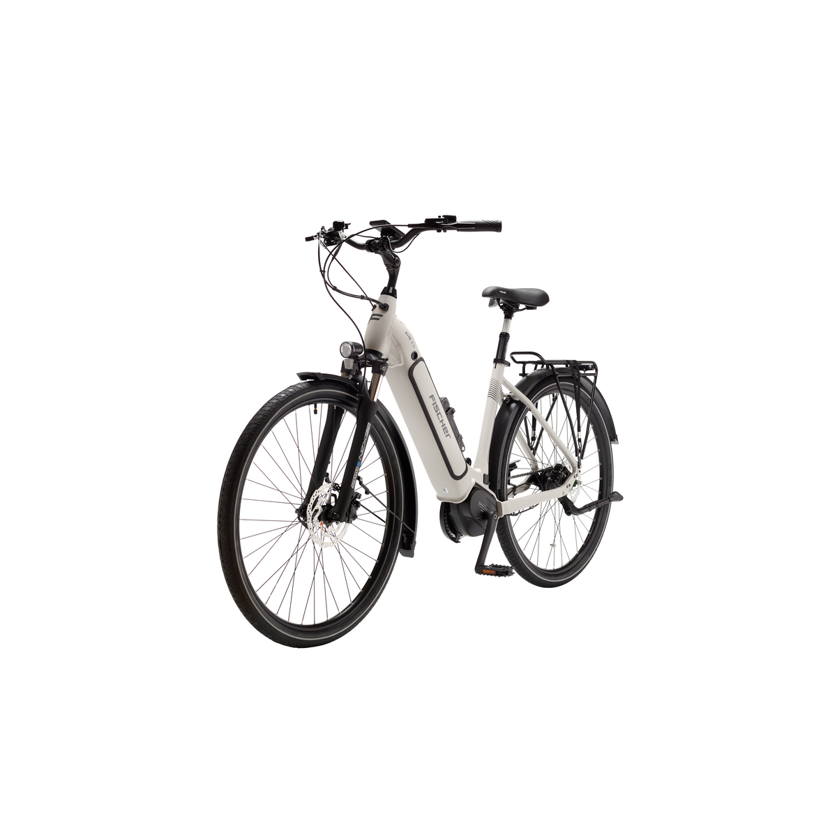 Ein weißes Elektrofahrrad, nach rechts abgewinkelt, zeigt seinen Rahmen, Reifen und Komponenten vor weißem Hintergrund.