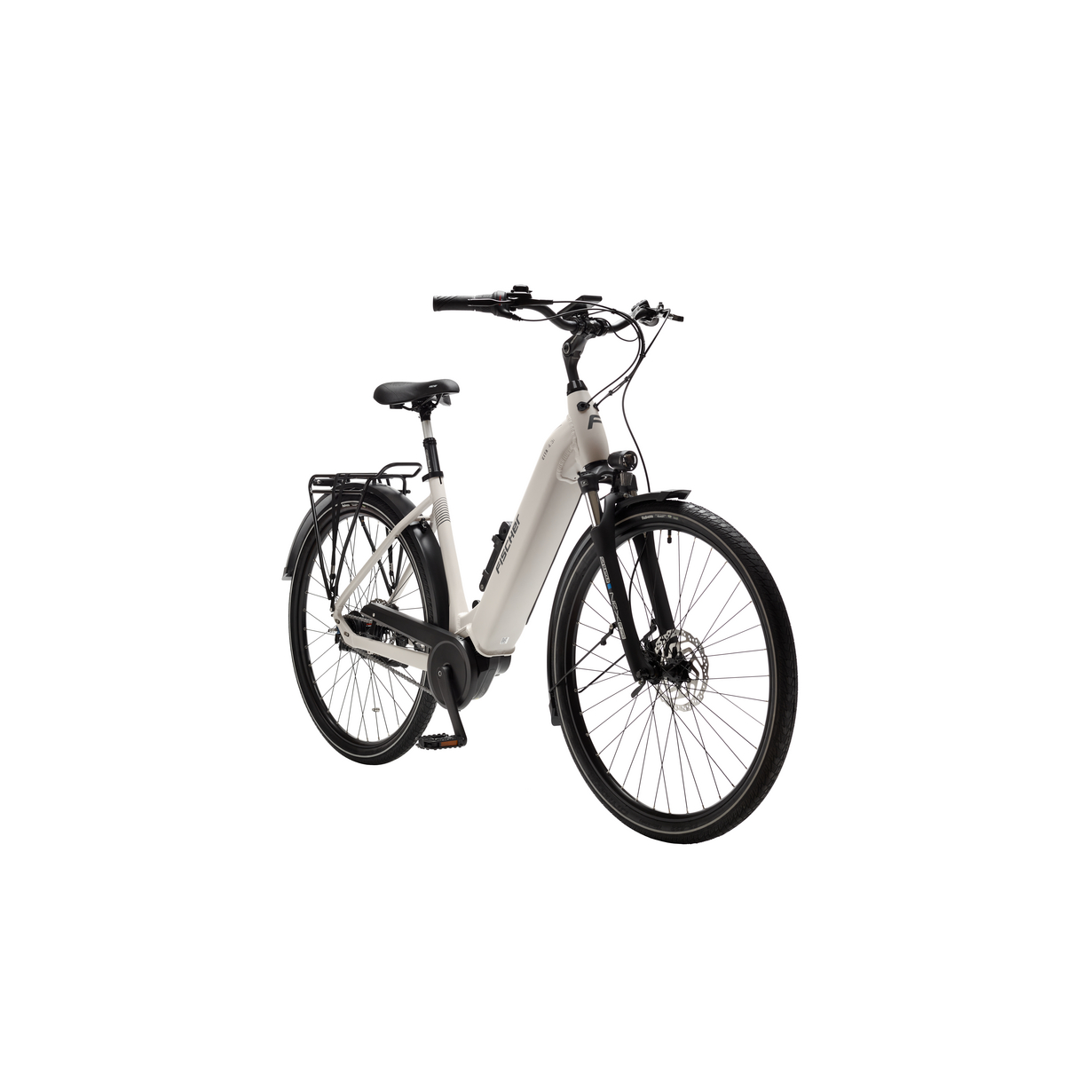 Ein weißes Elektrofahrrad, abgewinkelt, zeigt seinen Rahmen, Reifen und Komponenten vor weißem Hintergrund.