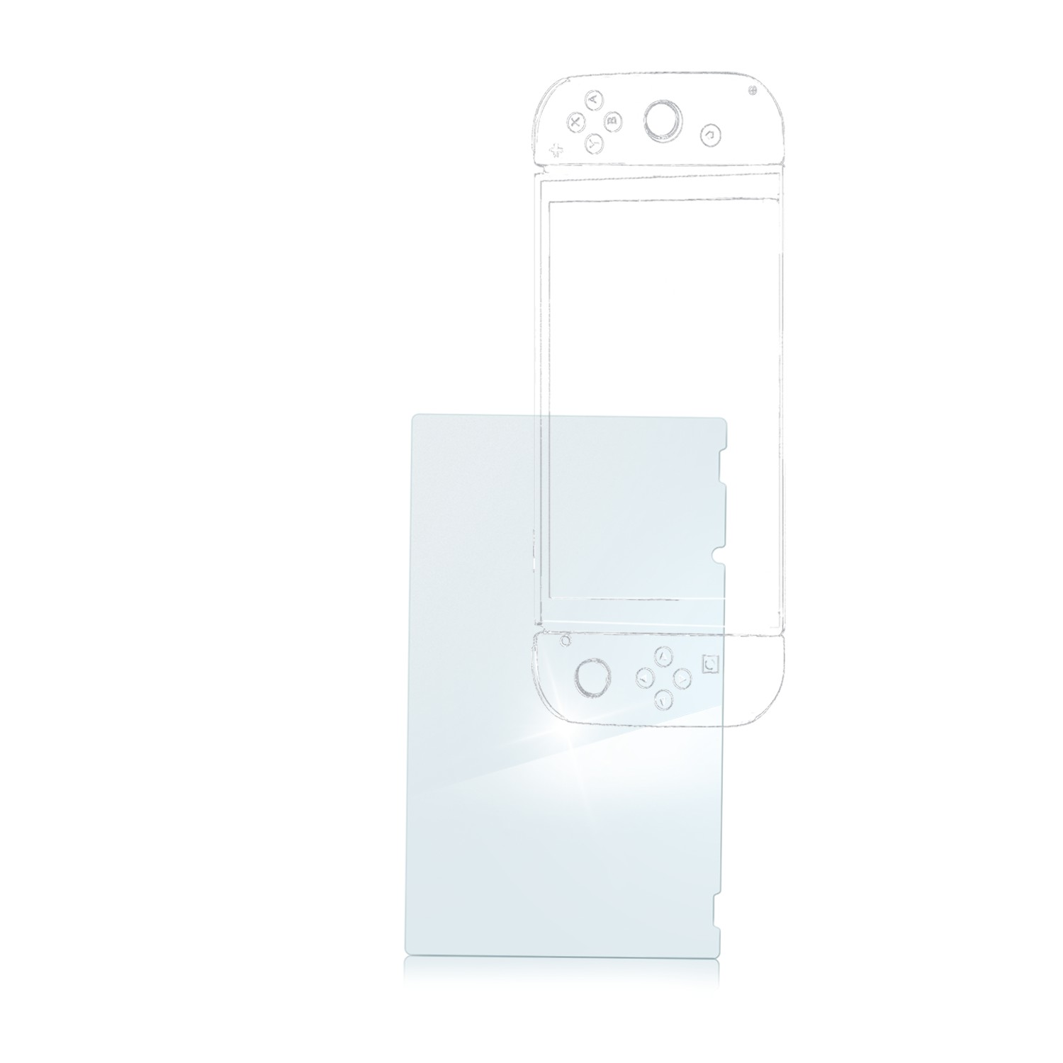 Skizzierte Zeichnung einer Nintendo Switch-Konsole und eines Bildschirmschutzes, die die Schutzanwendung veranschaulicht.