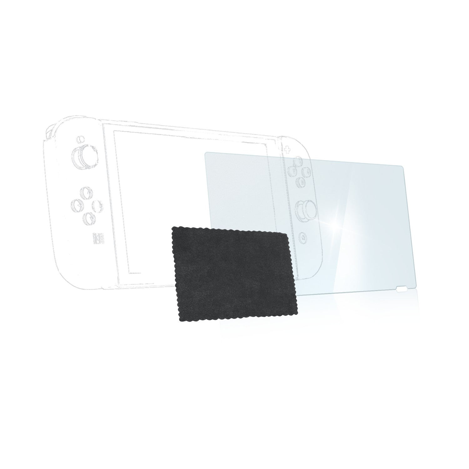 Ein klarer Displayschutz neben einer Handheld-Konsole, mit einem Reinigungstuch, alles auf einer weißen Oberfläche.