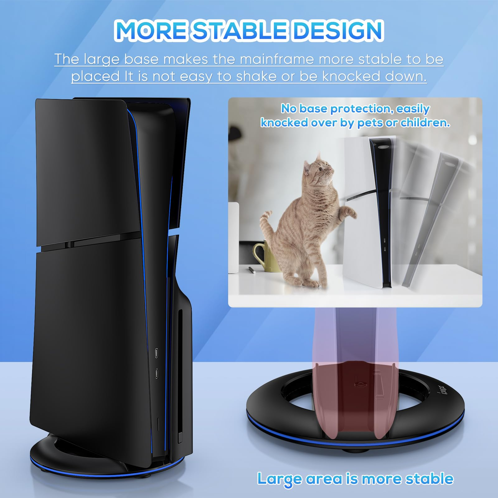 Das Bild zeigt eine PS5-Konsole mit Stabilisierungsbasis. Eine Katze kippt eine Konsole ohne Basis um.