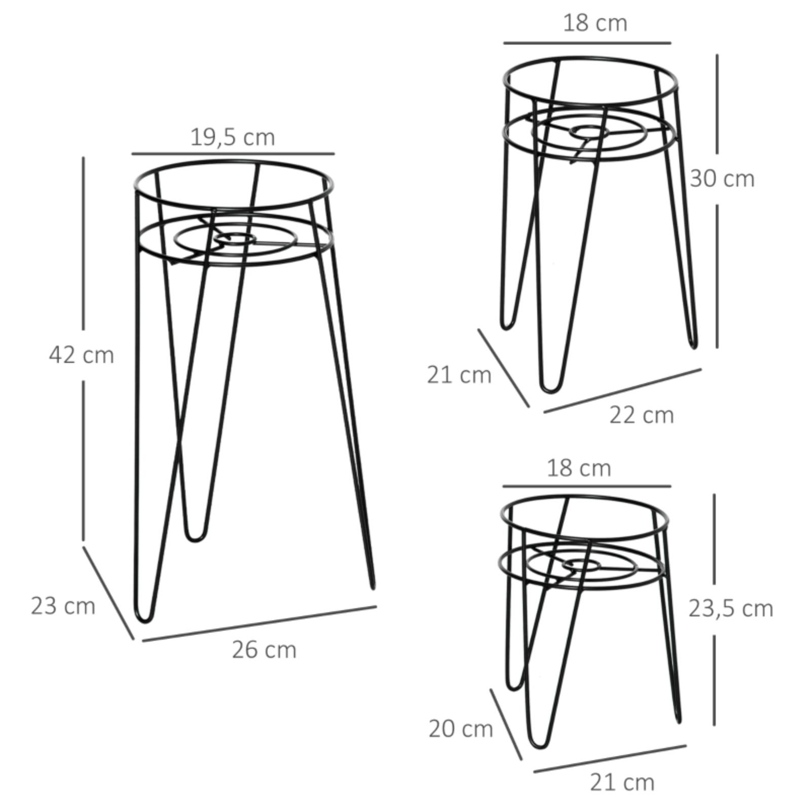 Diagramm von drei schwarzen Metall-Pflanzenständern mit Maßen.