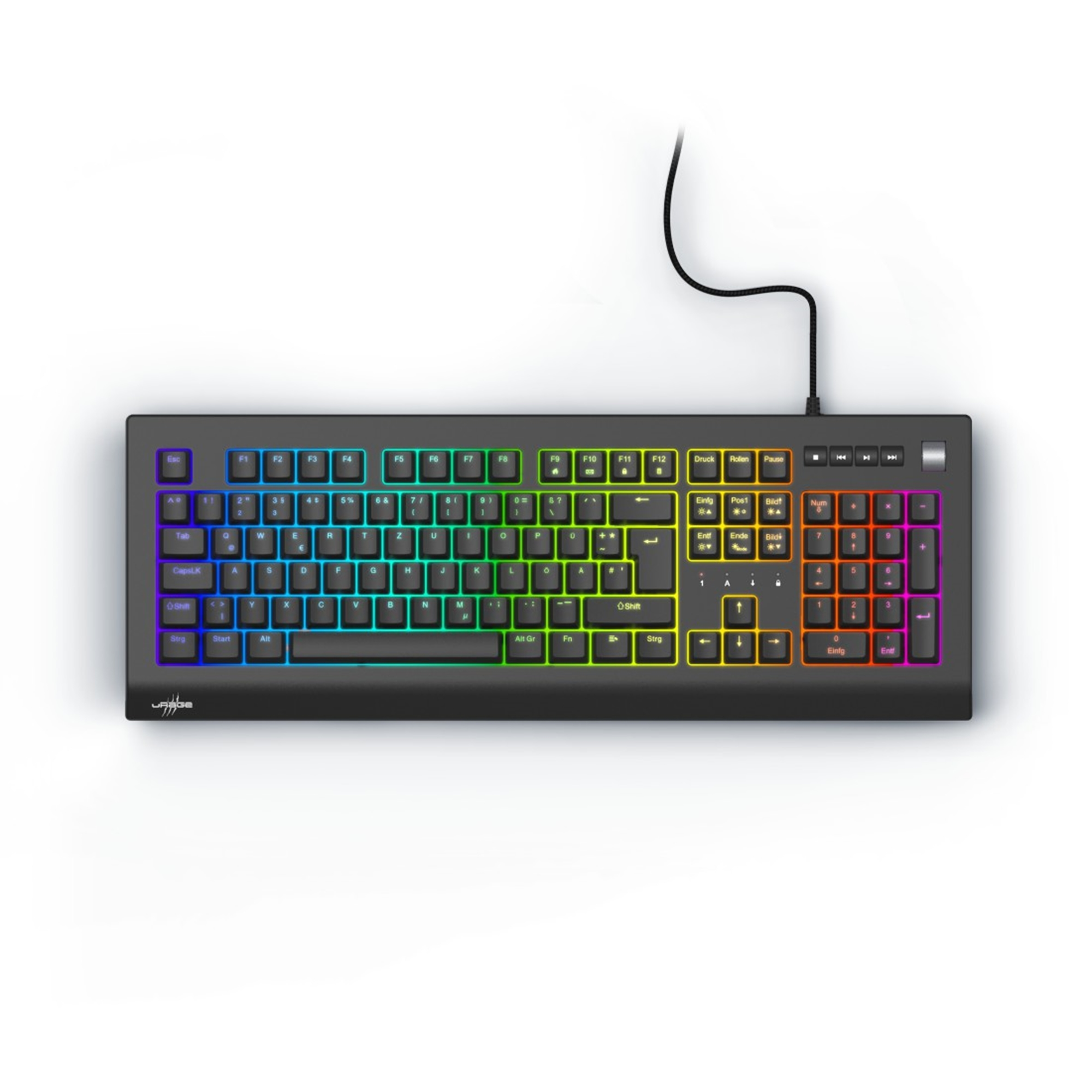 Schwarze Tastatur mit Regenbogen-Hintergrundbeleuchtung.