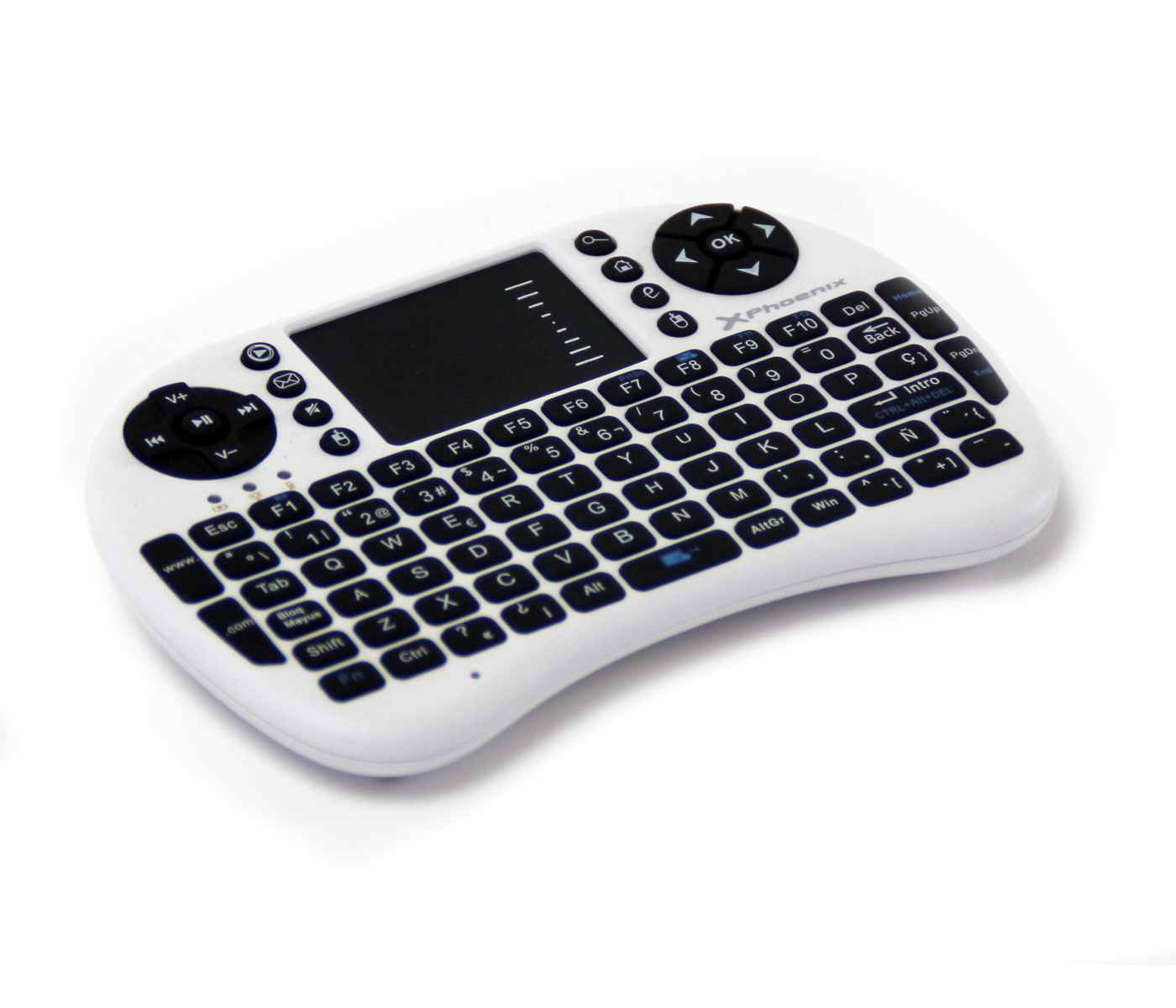 Una tastiera wireless bianca, di forma ovale, con tasti e un touchpad, isolata su sfondo bianco.