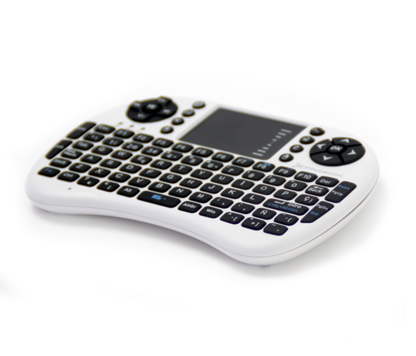 Una tastiera wireless bianca, di forma ovale, con tasti, isolata su sfondo bianco, vista angolata.