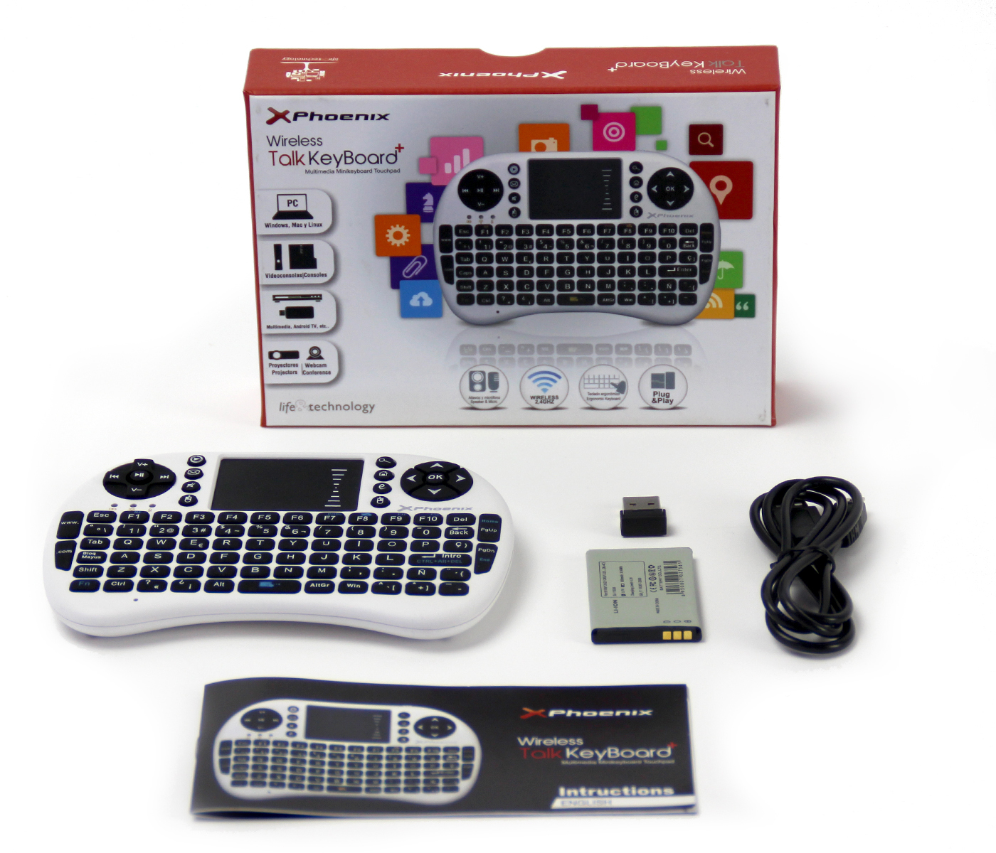 Un kit tastiera wireless bianca con accessori, tra cui un ricevitore USB, batteria e istruzioni.