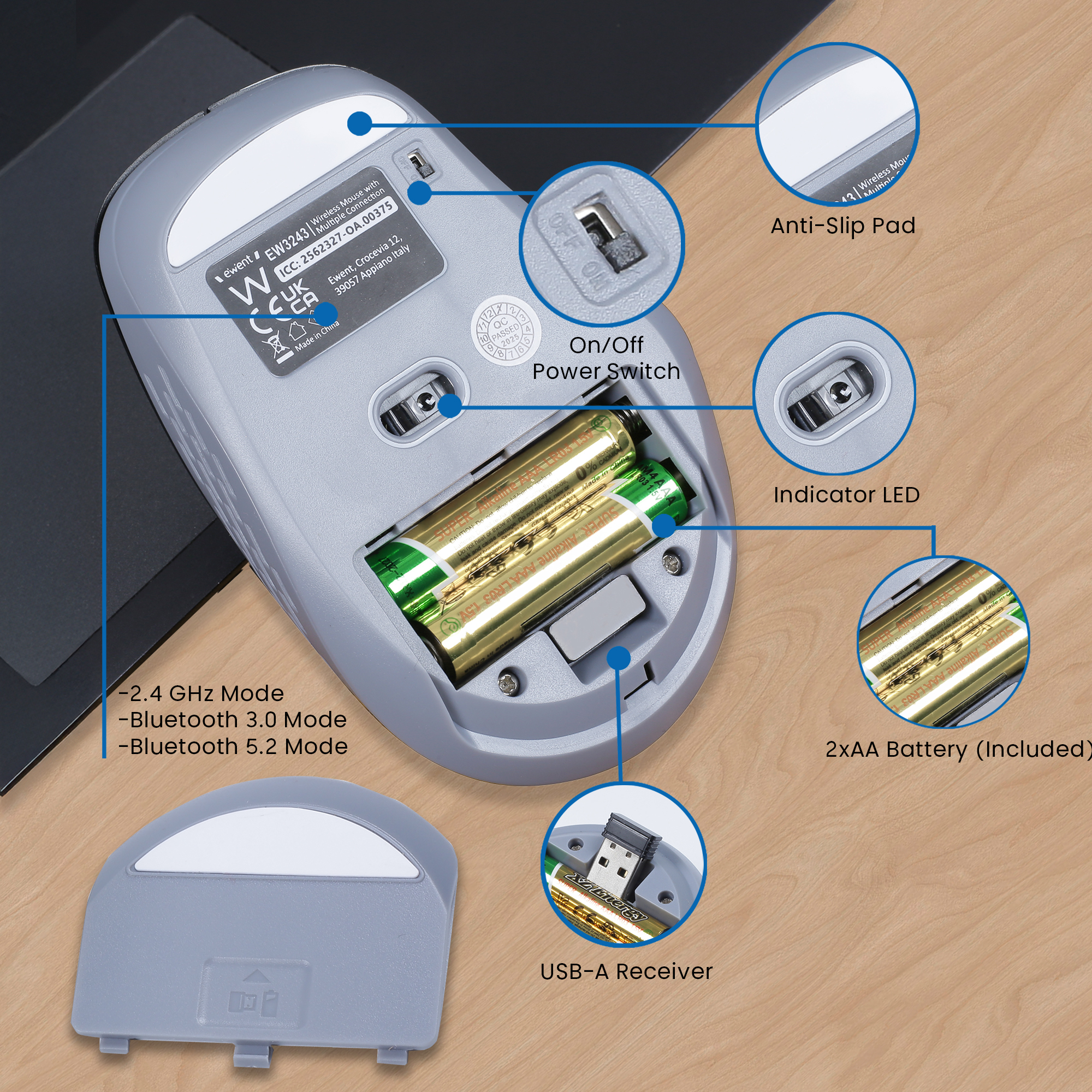 La parte inferiore di un mouse grigio con ricevitore USB-A, batterie, interruttore di accensione/spegnimento.