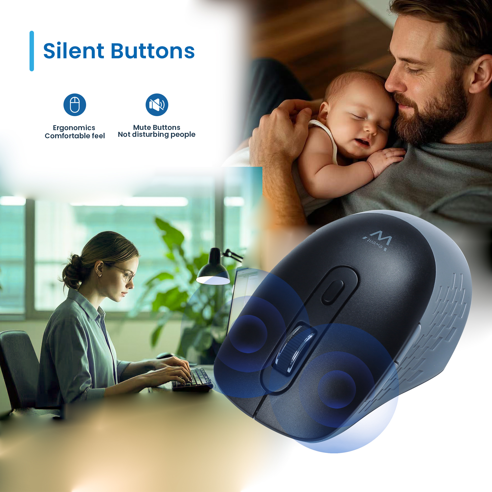L'immagine mostra un mouse con un bambino e un uomo. Donna che lavora al computer. Il mouse è blu e grigio.