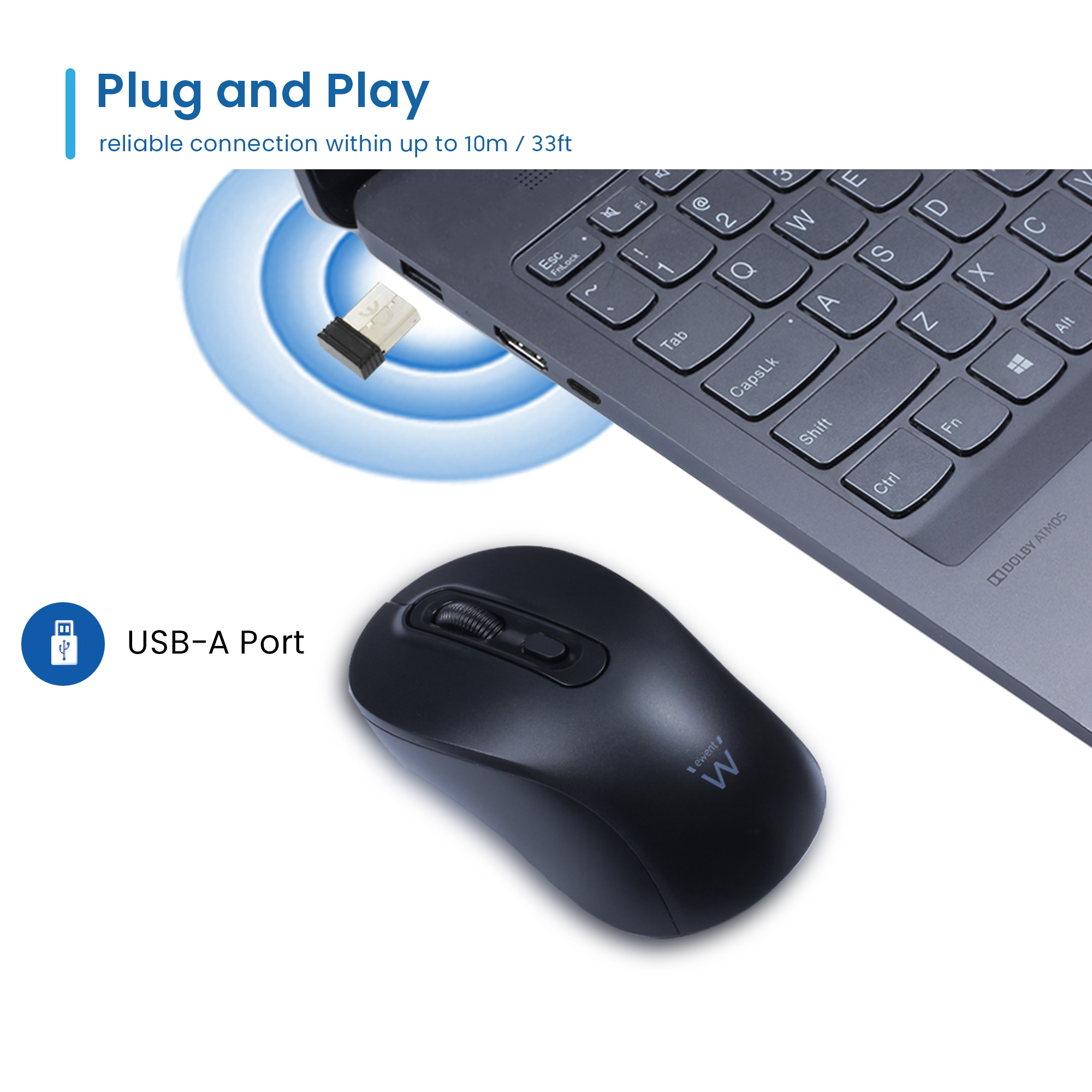 Un mouse nero è accanto a un laptop con un ricevitore USB-A collegato.