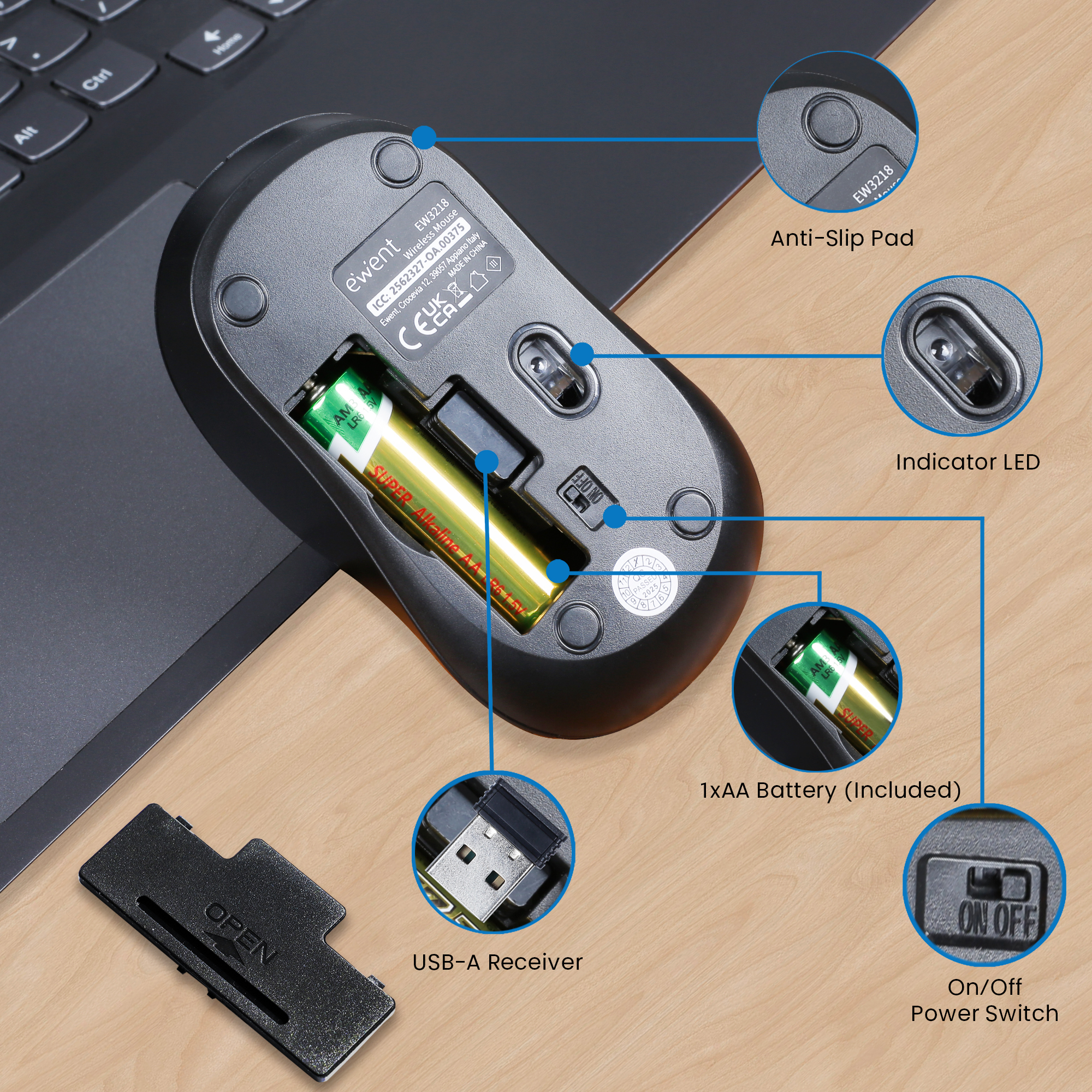 La parte inferiore di un mouse con batterie, un ricevitore USB-A, un interruttore di accensione/spegnimento.