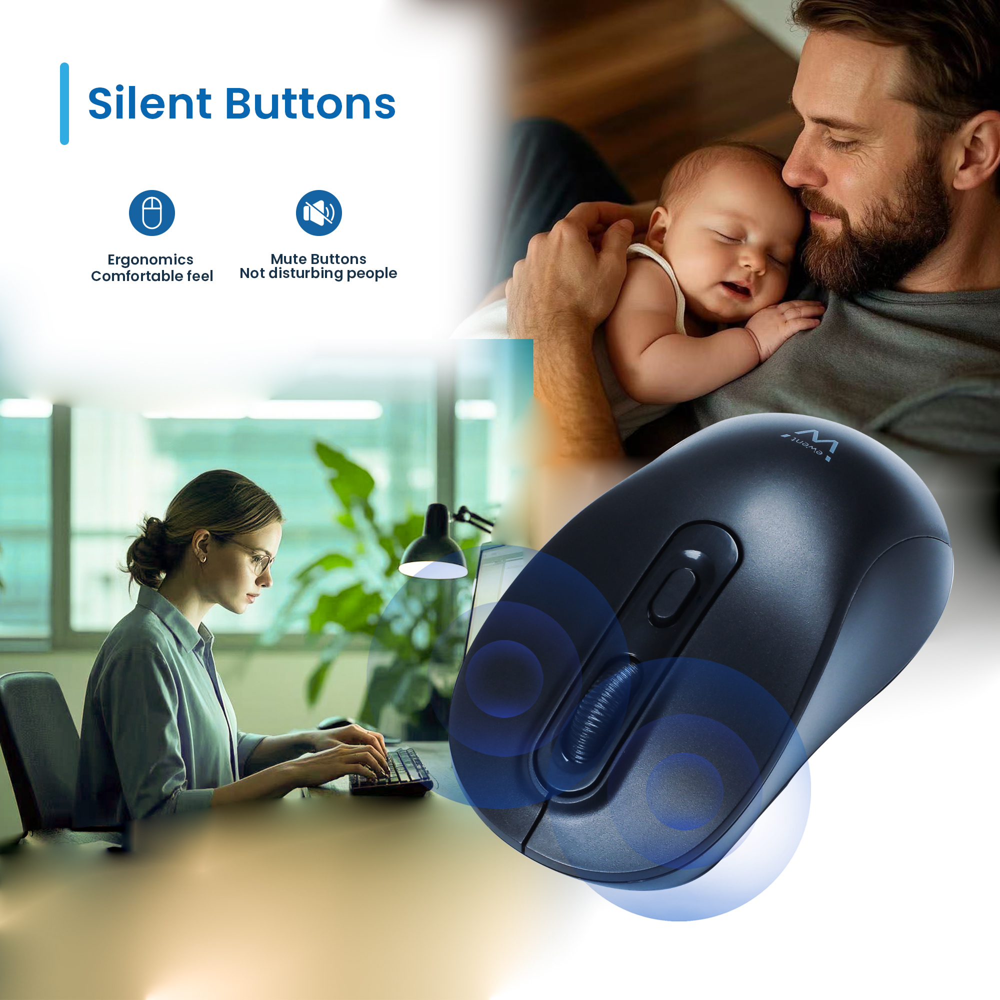 Una persona che lavora su un laptop e una persona che tiene un bambino sono sullo sfondo. Un mouse nero è a fuoco.