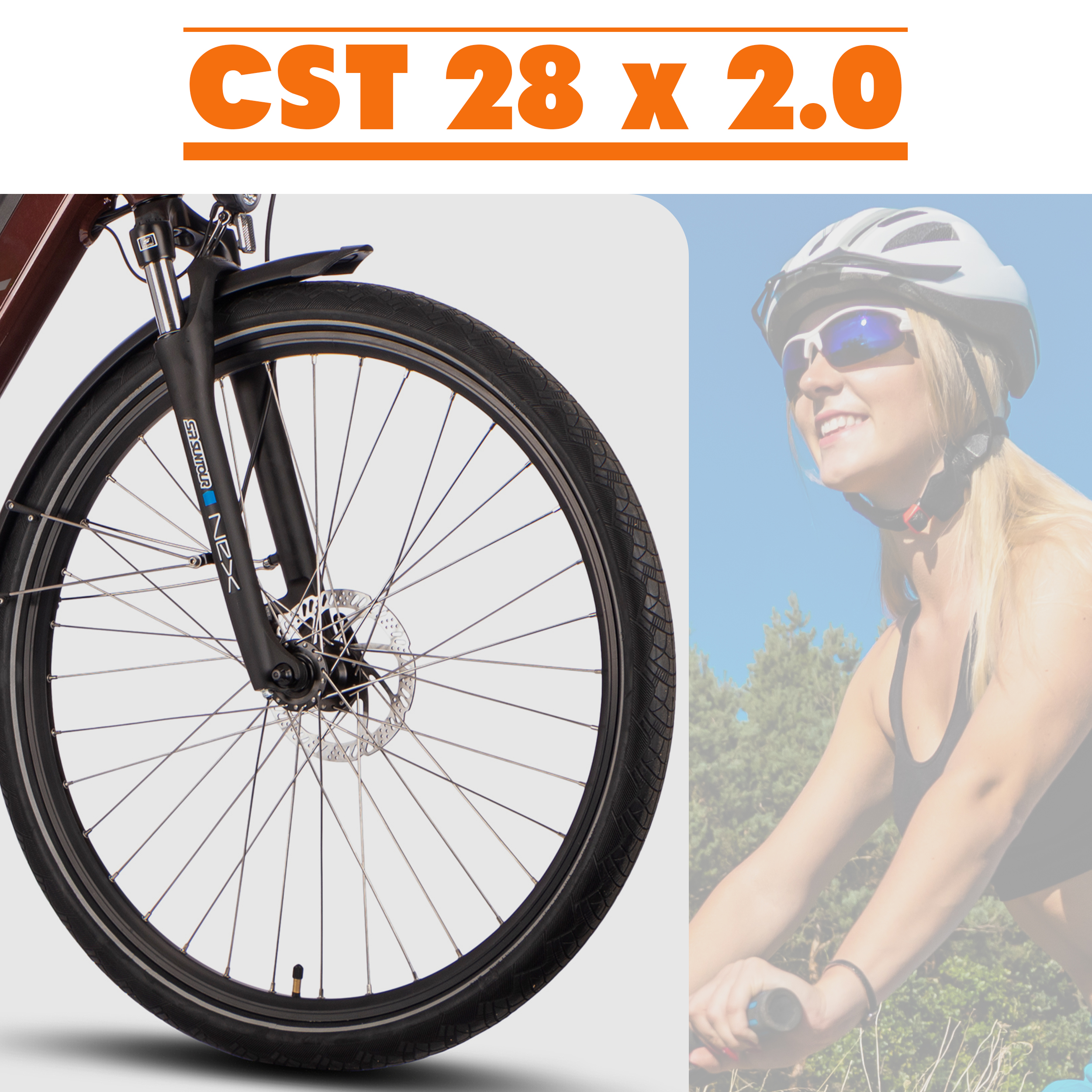 Ein Fahrradreifen mit schwarzem Reifen und eine Frau, die im Hintergrund Fahrrad fährt, blauer Himmel.