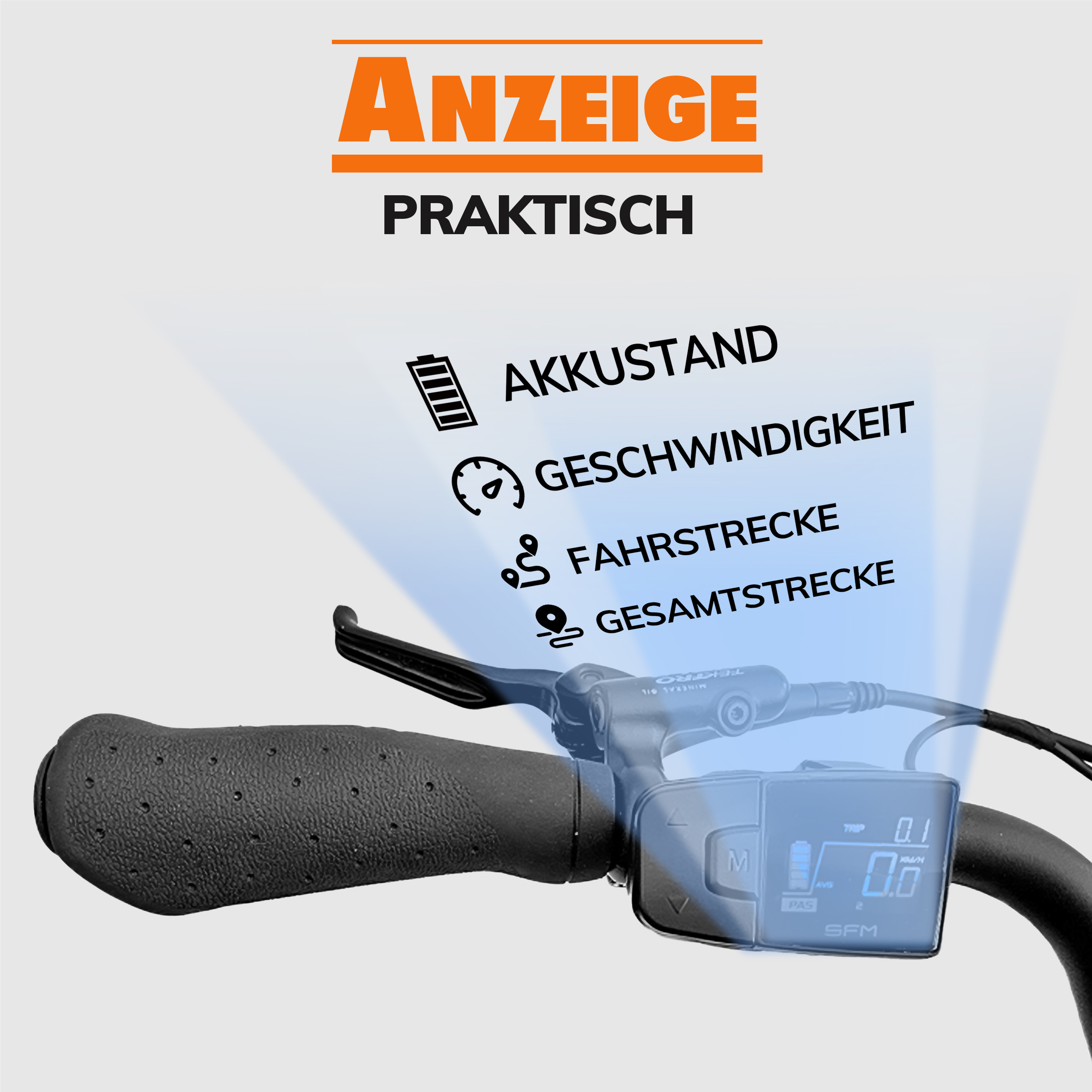 Lenkerdisplay mit Akkustand, Geschwindigkeit, Fahrstrecke und Gesamtstrecke eines E-Bikes.