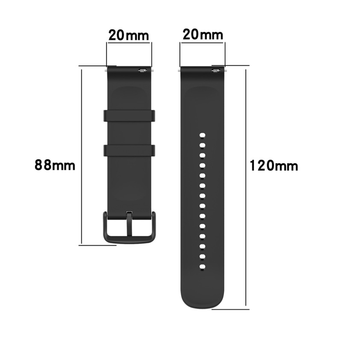 Schwarze Uhrenarmbänder mit Abmessungen: 88 mm/120 mm lang, 20 mm breit. Eines hat eine Schnalle, das andere Löcher.
