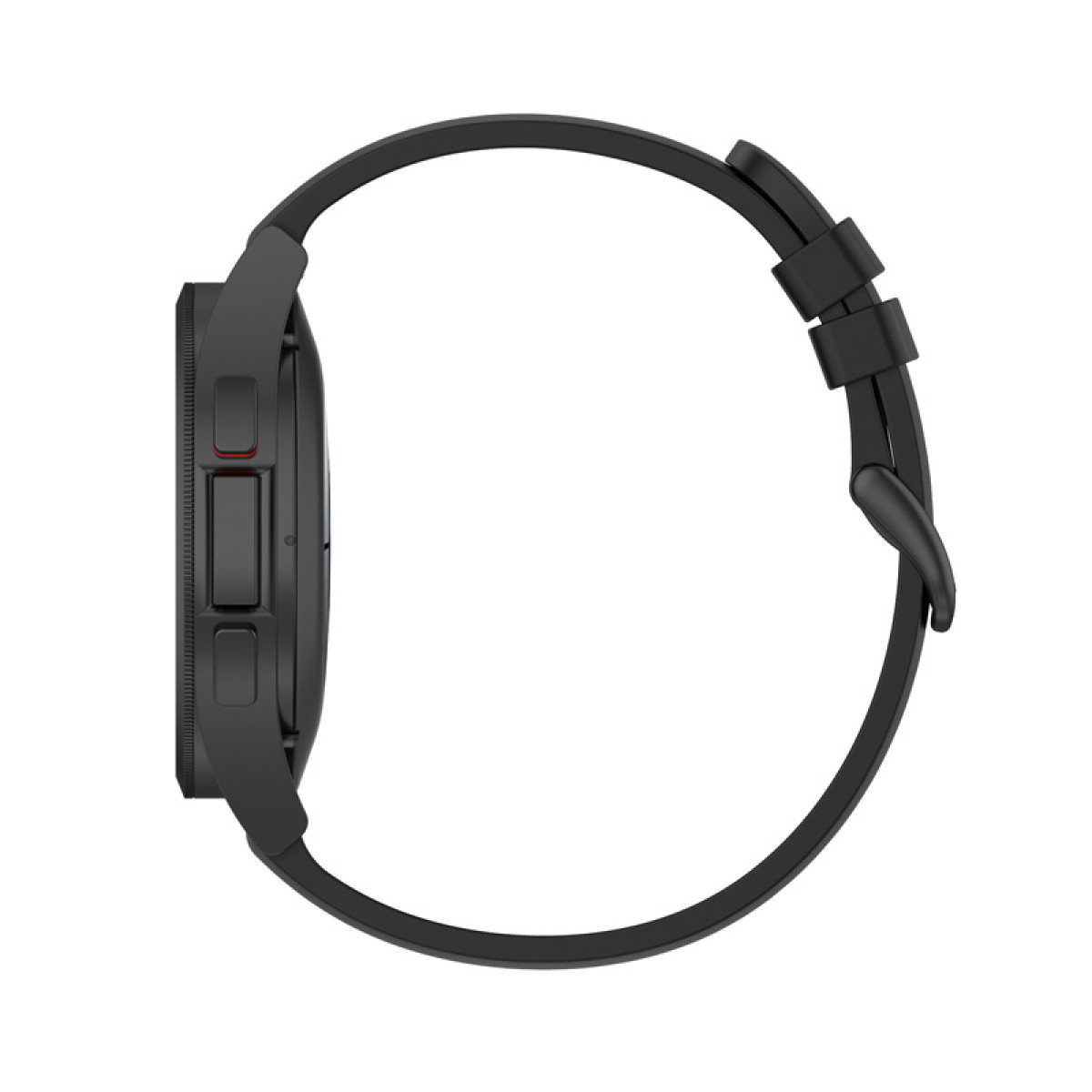 Eine schwarze Smartwatch mit schwarzem Armband wird von der Seite vor weißem Hintergrund gezeigt.