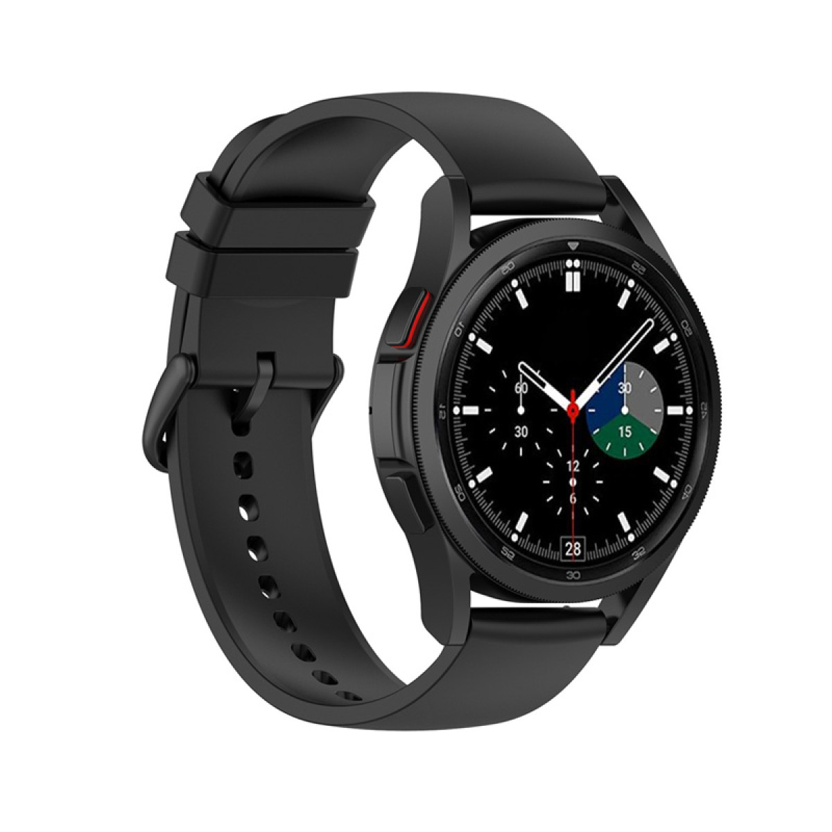 Schwarze Smartwatch mit rundem Zifferblatt und schwarzem Armband. Die Uhr hat eine schwarze Lünette mit weißen Markierungen.