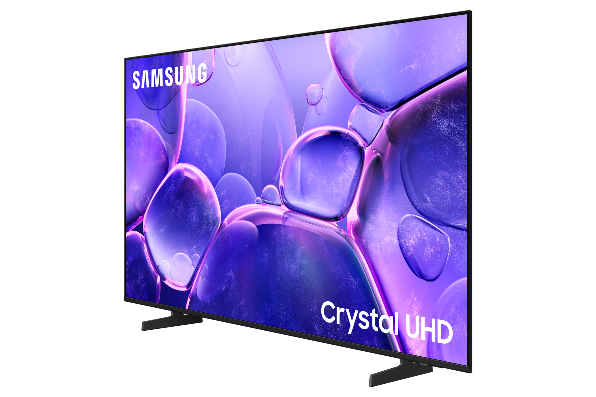 Duży telewizor Samsung Crystal UHD na białym tle, wyświetlający fioletowy abstrakcyjny wzór.