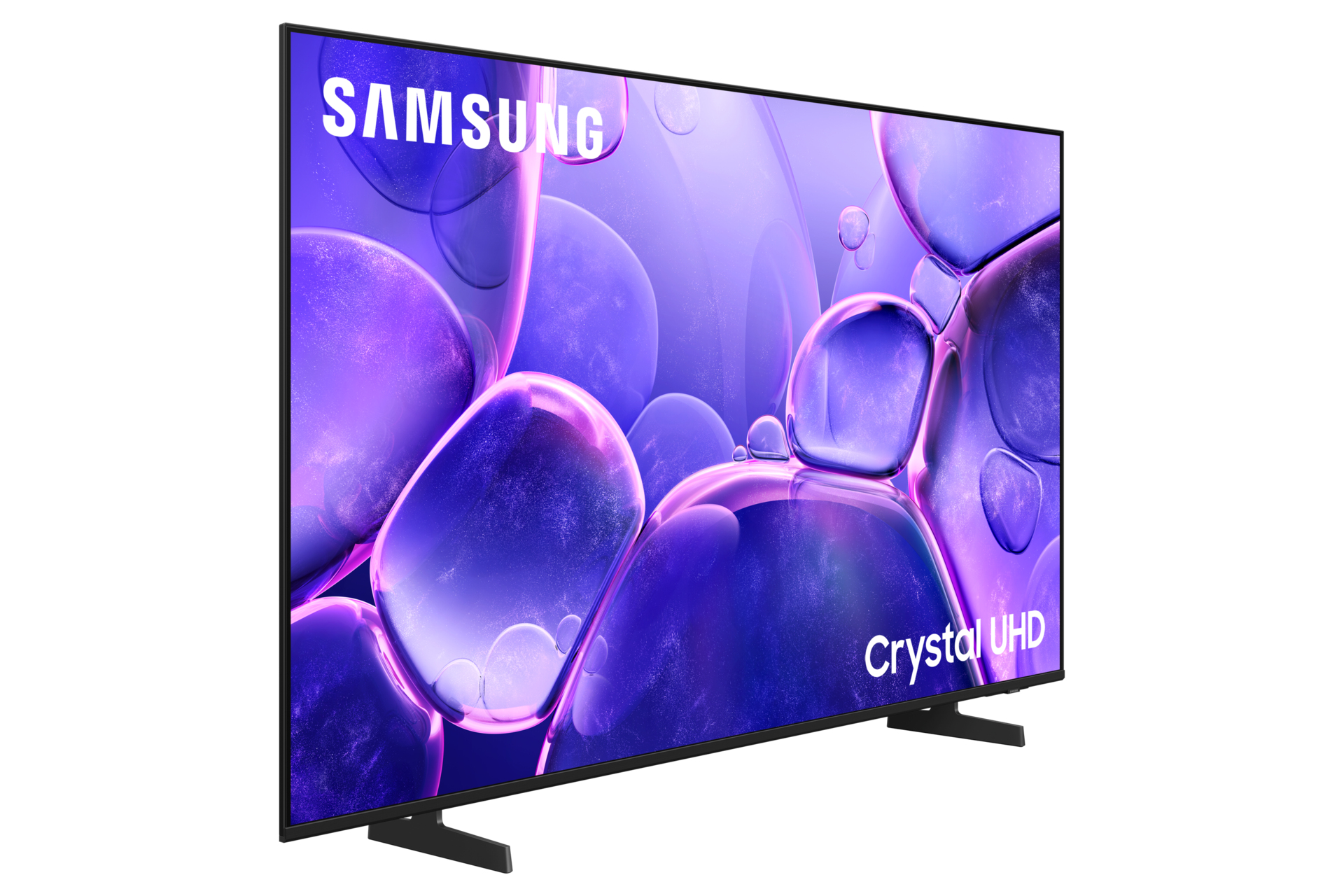 Duży telewizor Samsung Crystal UHD na białym tle, pokazujący fioletowe abstrakcyjne tło.