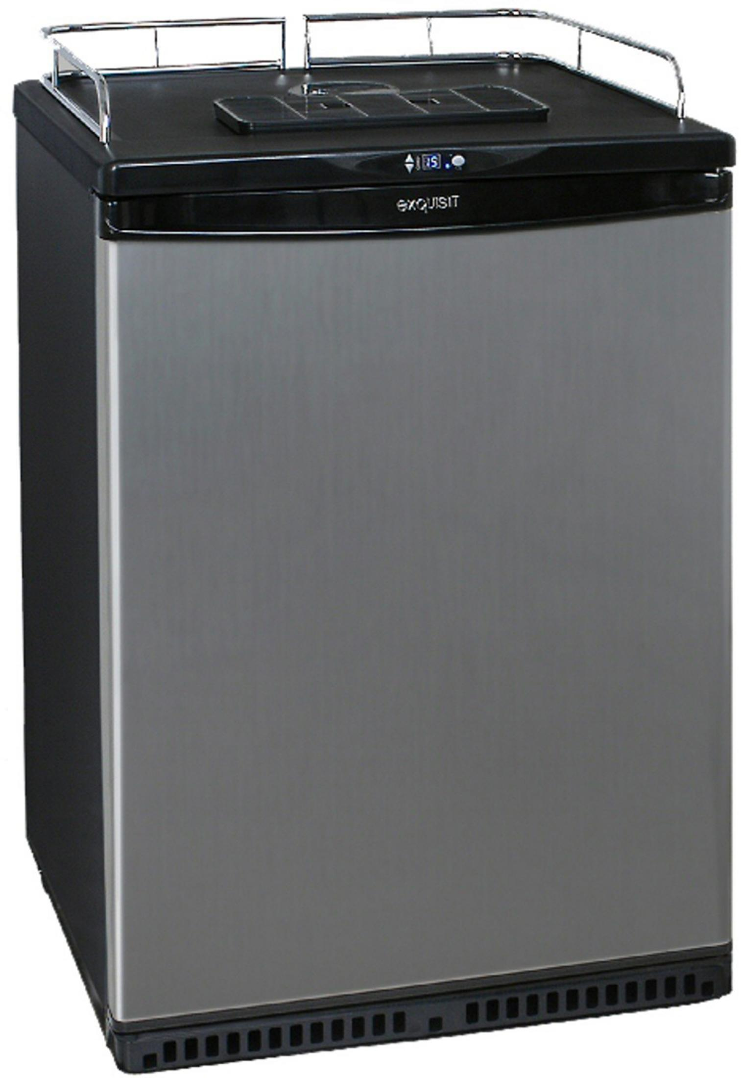 A stainless steel mini fridge with a black top and base. It has a small metal railing on top and the brand name Exquisit.