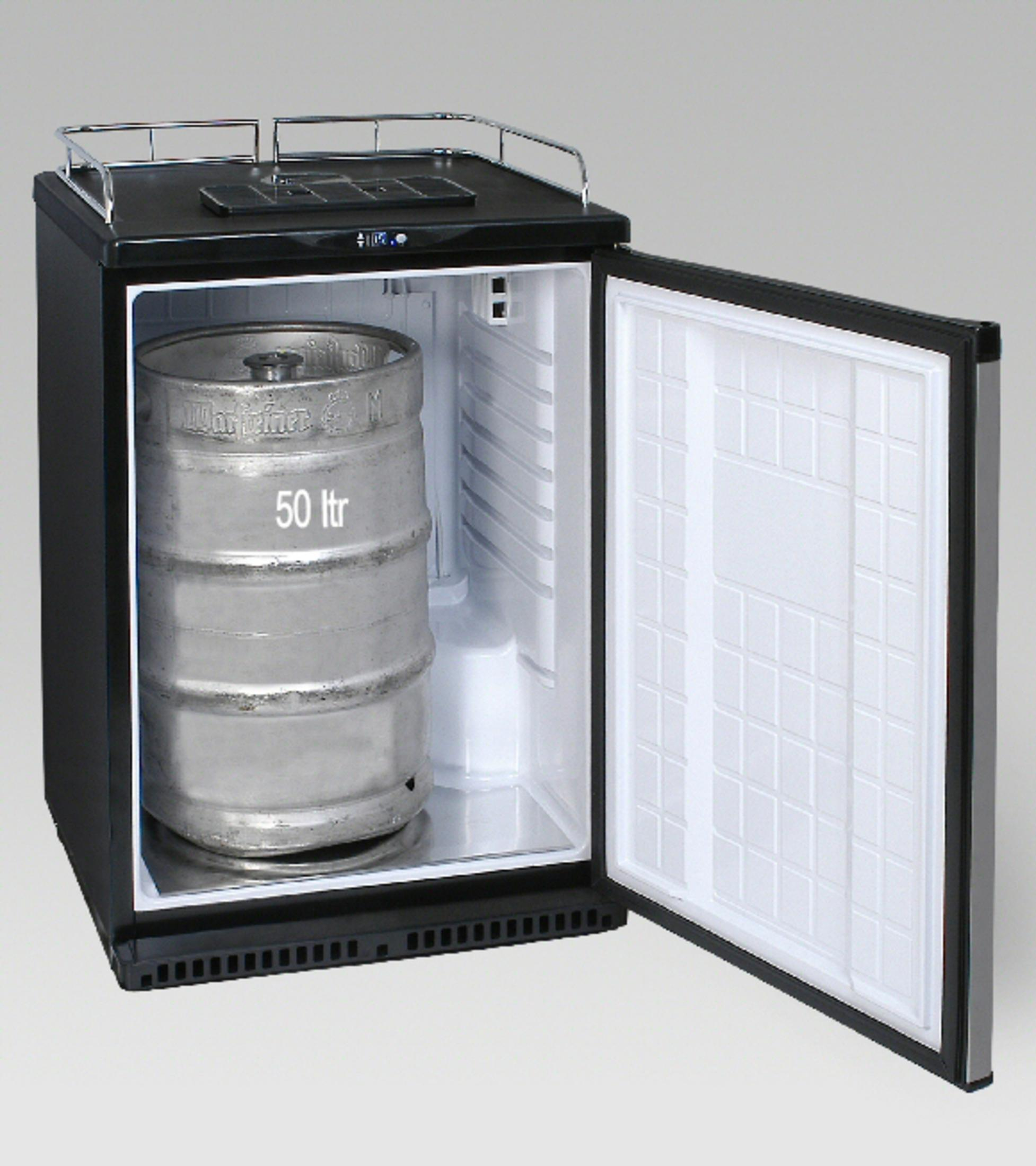 A black beer fridge with an open door, revealing a 50-liter keg. The background is a plain light gray.
