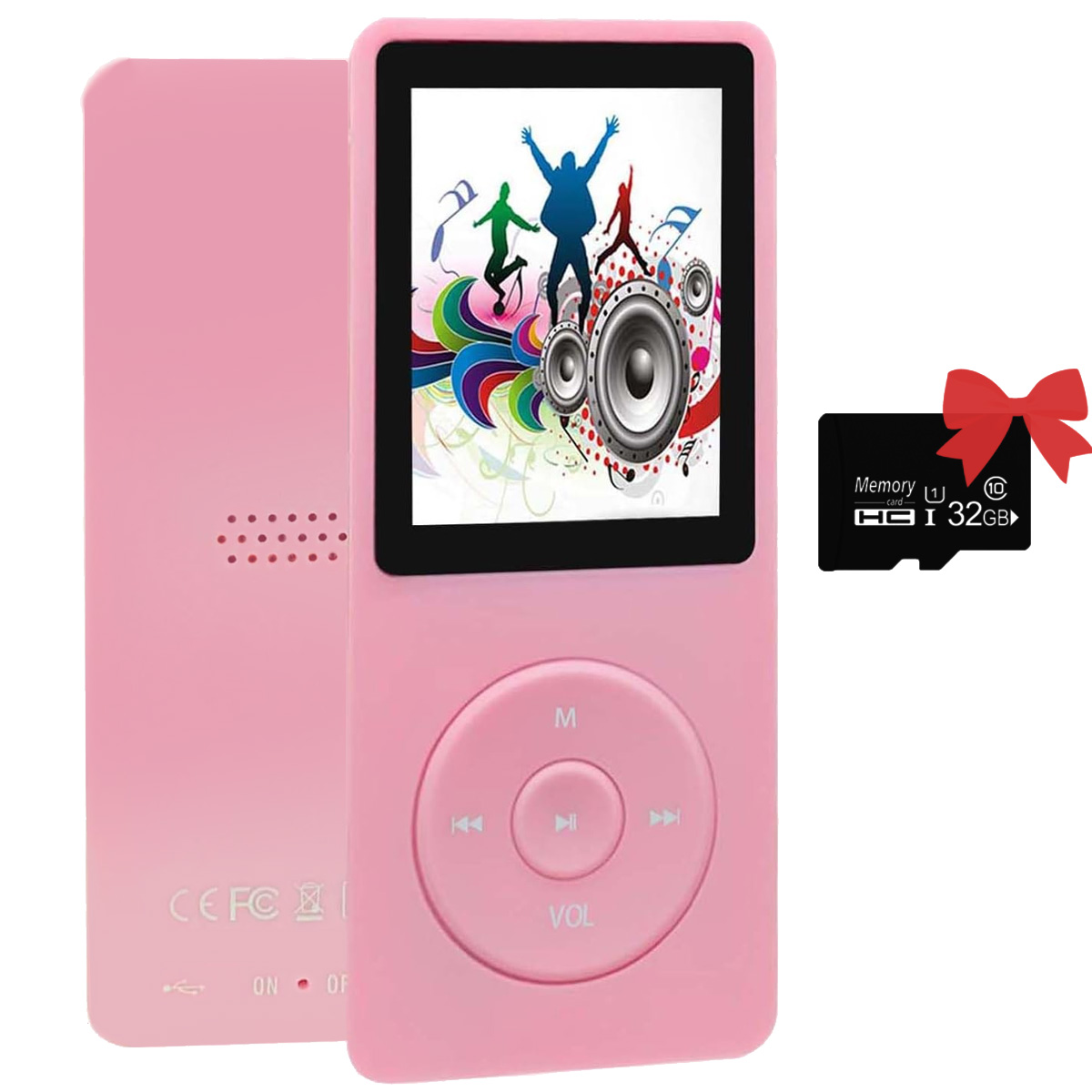 Różowy odtwarzacz MP3 z ekranem wyświetlającym kolorowy obraz i kartą pamięci z czerwoną kokardą.