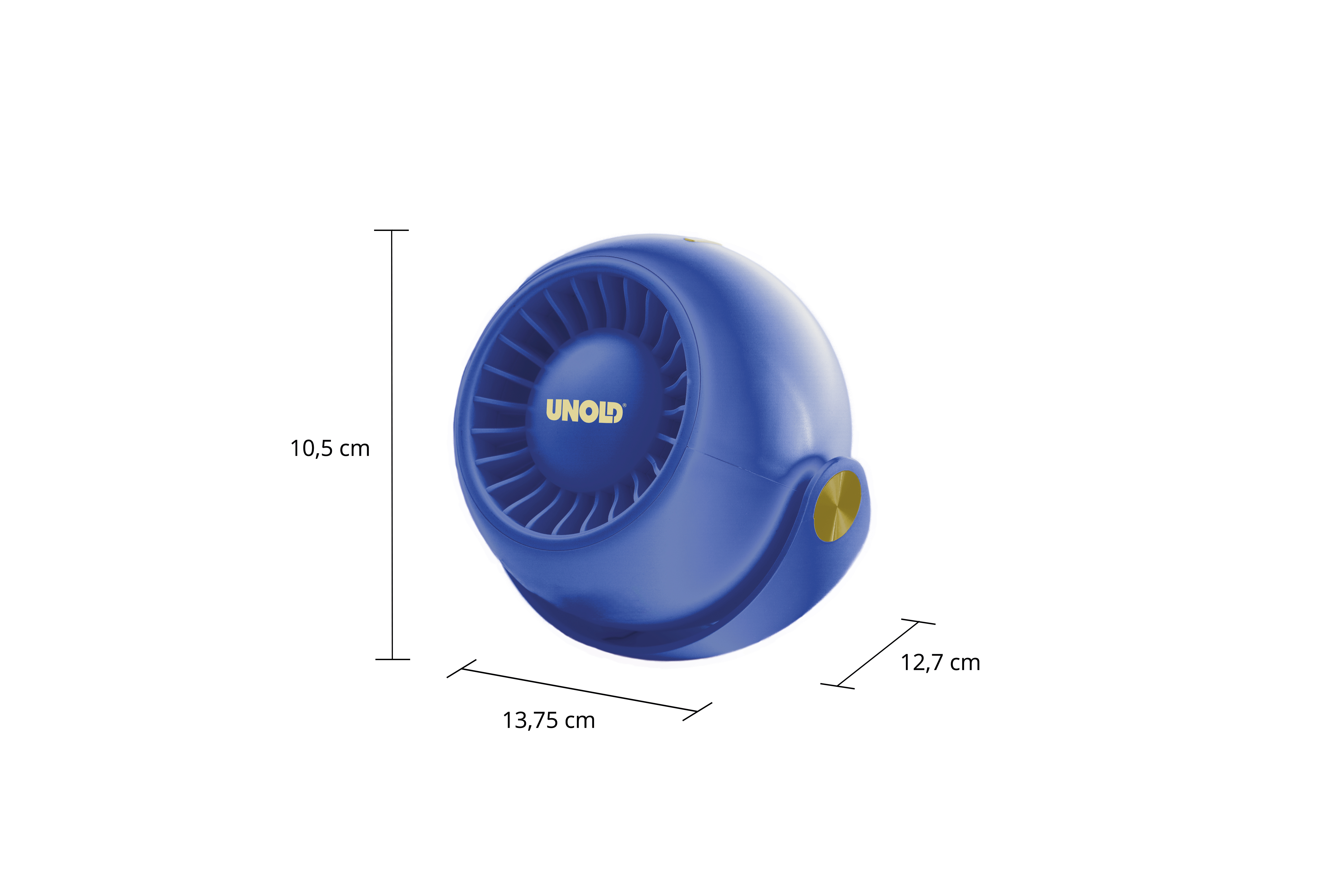 Ventilatore UNOLD blu, dimensioni: 10,5 cm di altezza, 13,75 cm di lunghezza, 12,7 cm di larghezza. Isolato su bianco.