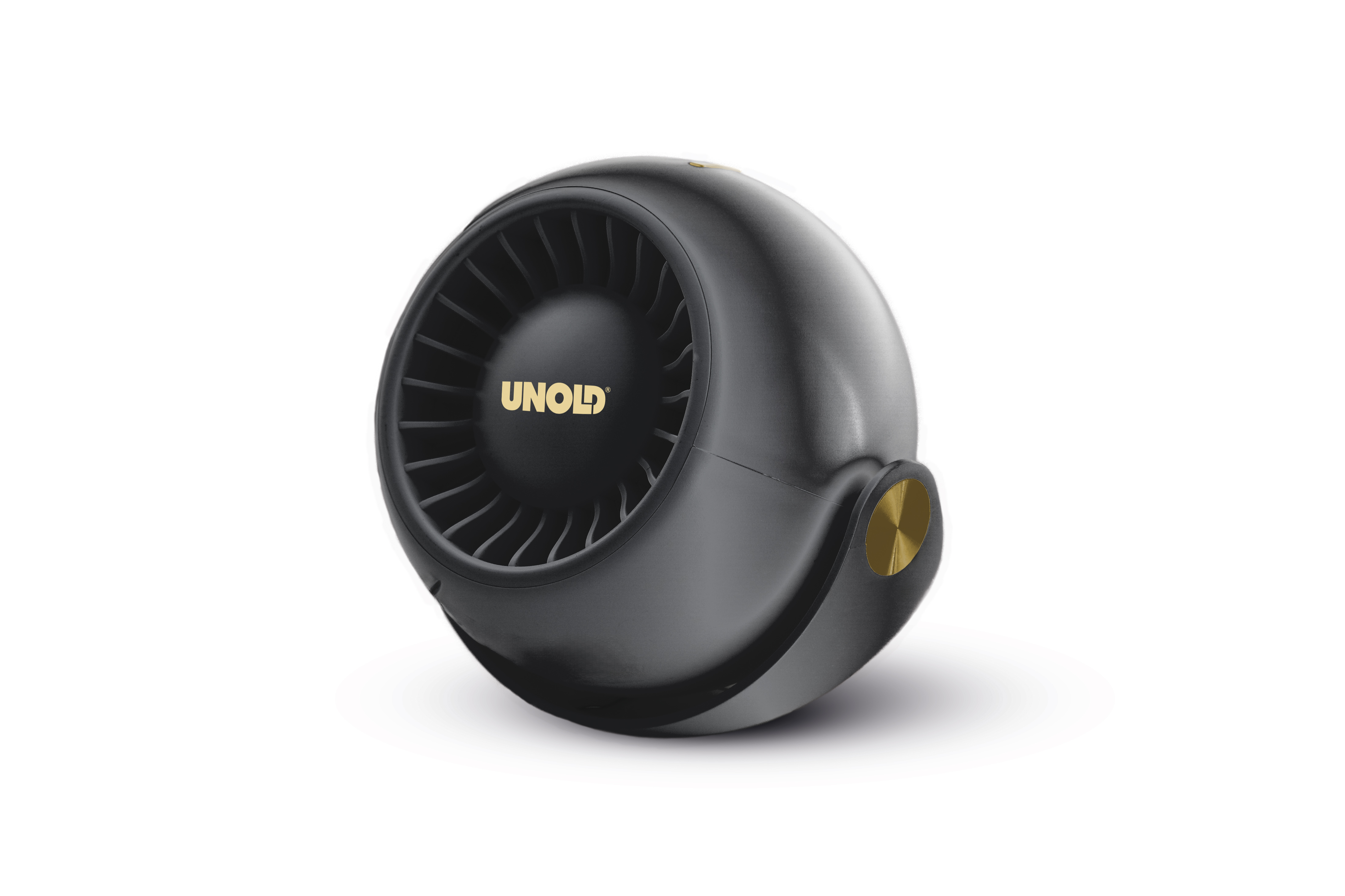 Ventilatore Unold nero con un accento dorato su sfondo bianco.