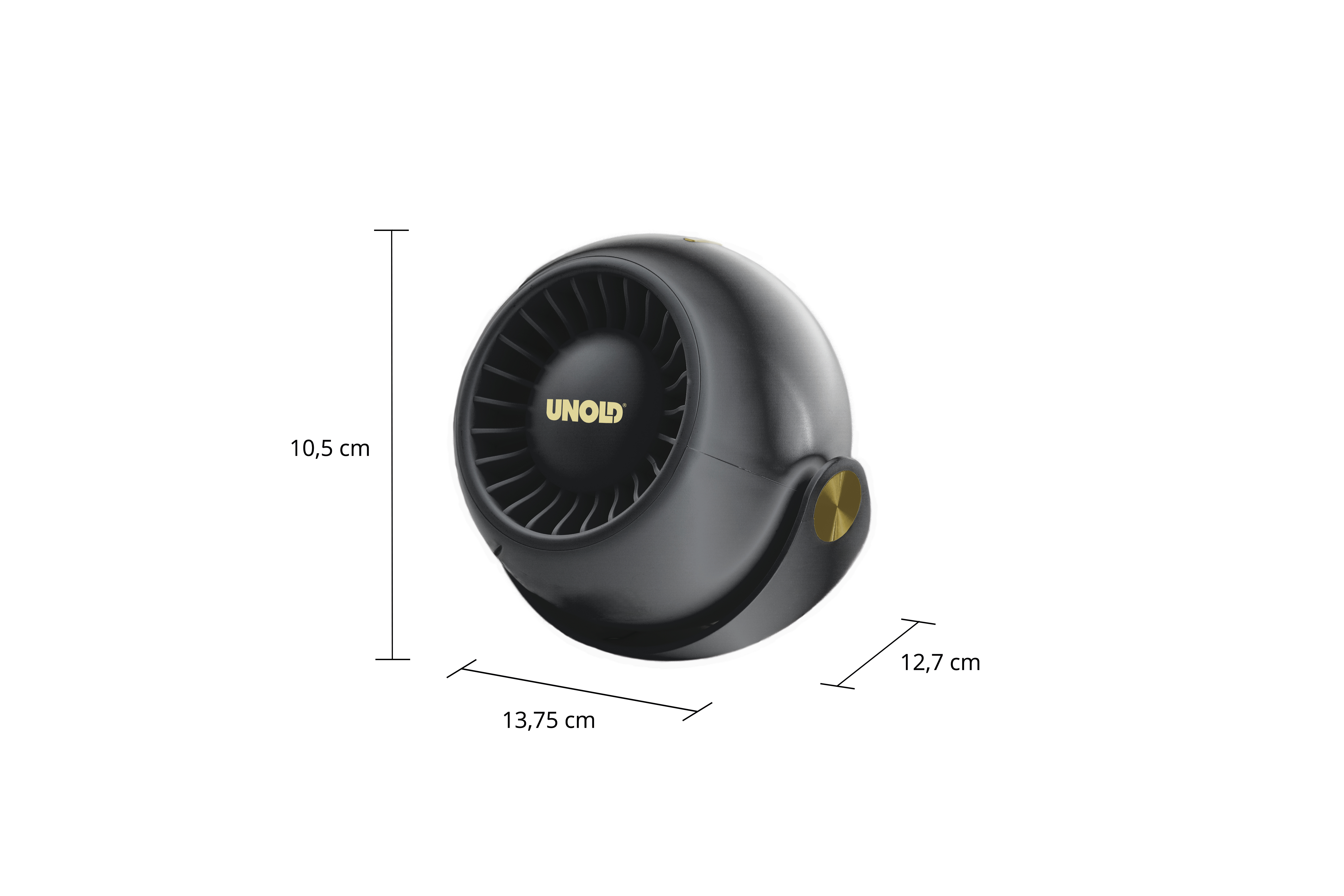 Ventilatore UNOLD nero, forma rotonda, dettagli dorati, dimensioni.