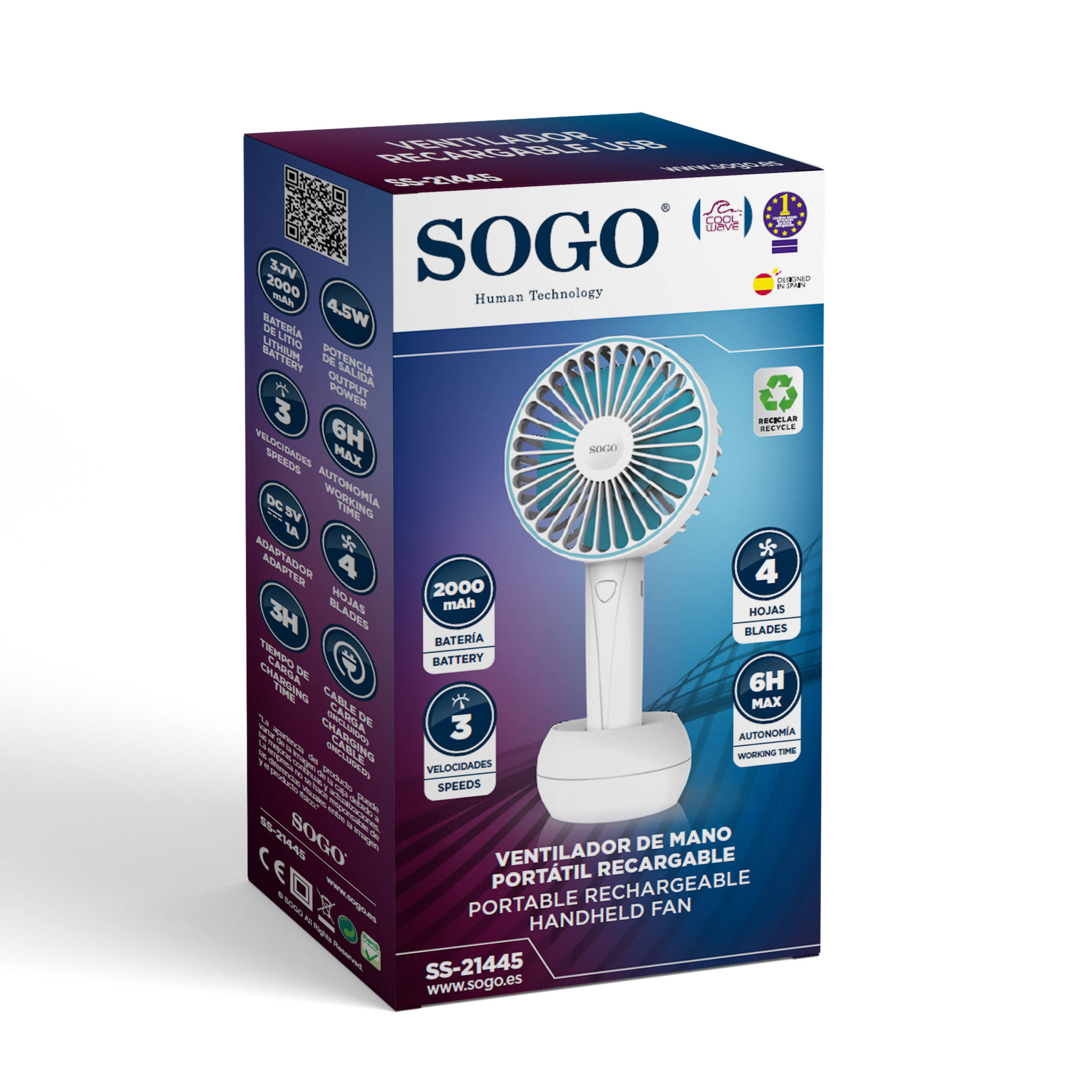 Box mit Handventilator und Produktinformationen. Box enthält: 'SOGO', 'Portable Handheld Fan'. Weißer Hintergrund.
