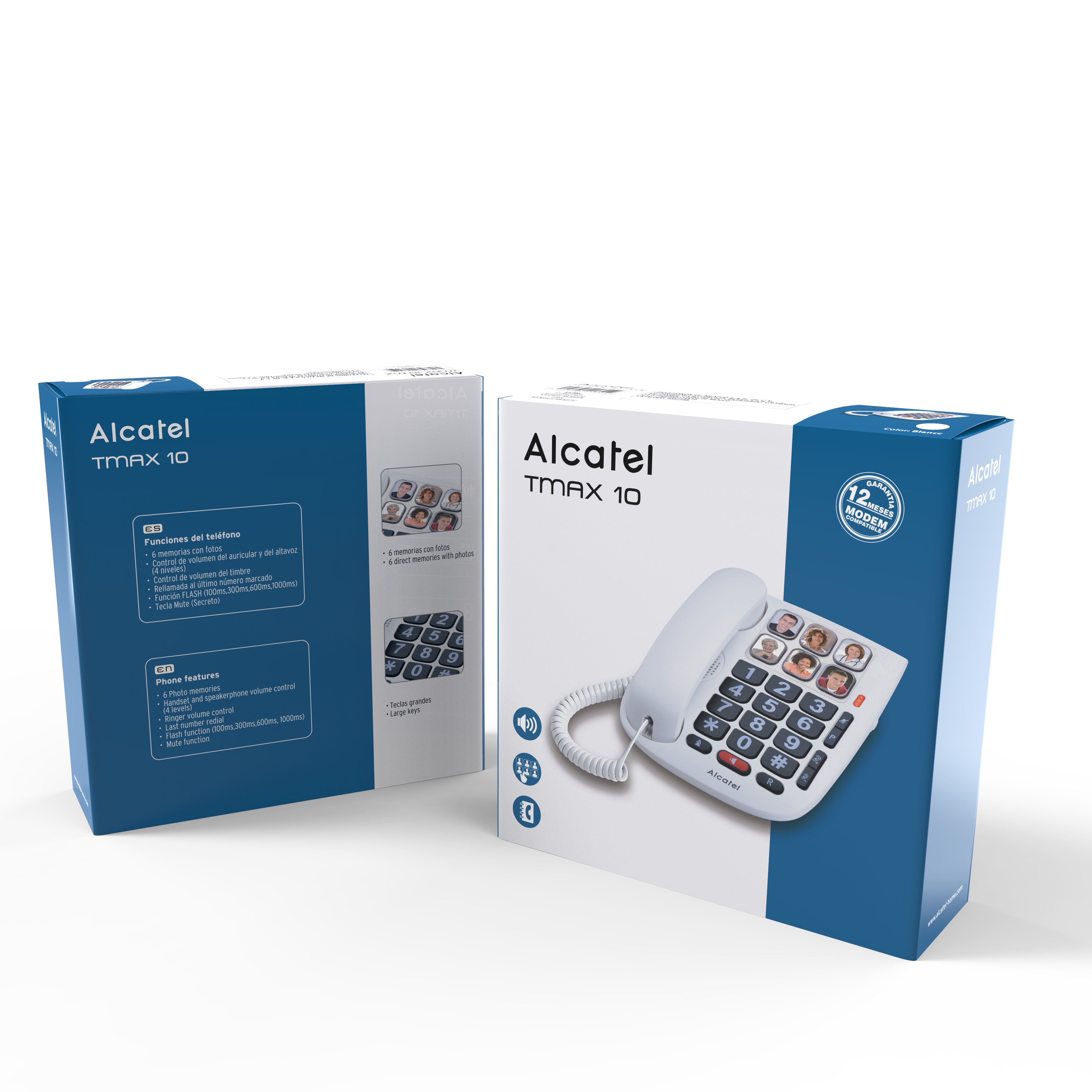 Dos cajas de teléfono Alcatel TMAX 10. Una caja muestra el teléfono y la otra muestra las funciones del teléfono. Ambas cajas son blancas.