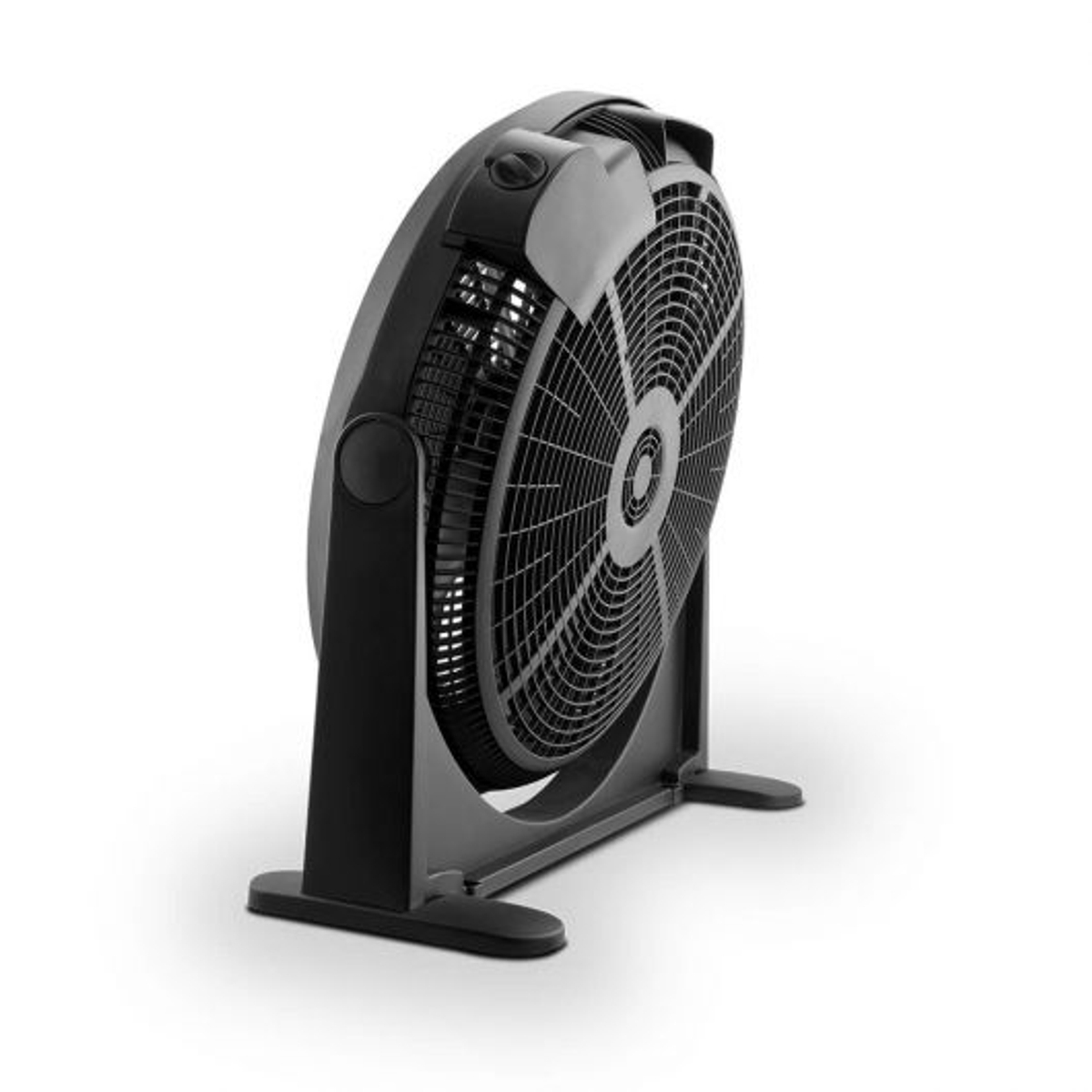 Ventilatore nero con corpo arrotondato, su sfondo bianco.