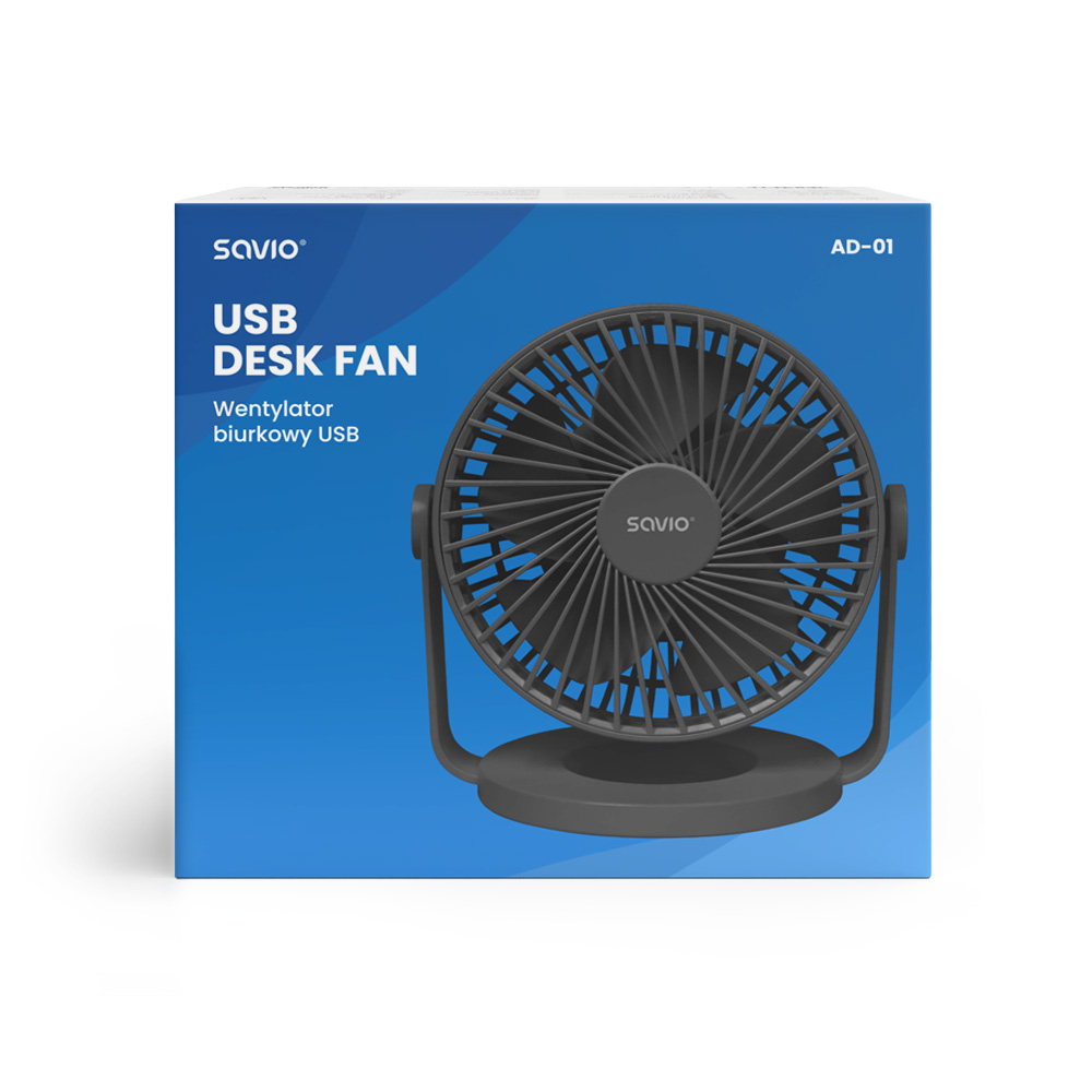 Wentylator biurkowy Savio w pudełku. Wentylator jest czarny, a pudełko niebiesko-białe.