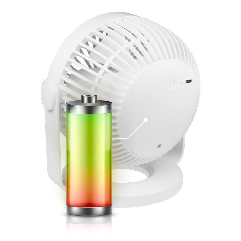 Biały wentylator przenośny z cylindryczną baterią obok. Bateria jest zielona i czerwona, wskazując poziom naładowania.