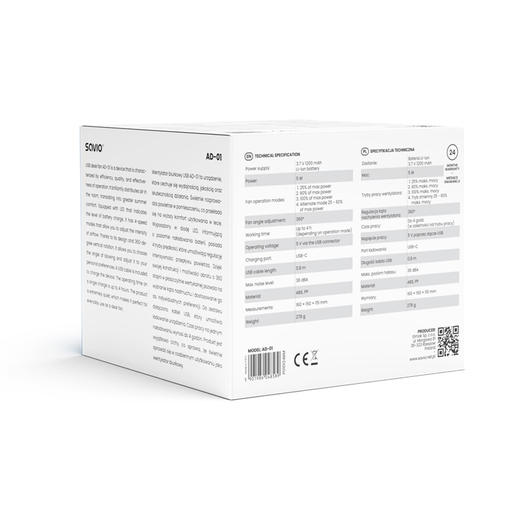 Biała kartka z tekstem i diagramami o wentylatorze biurkowym USB na białym tle.