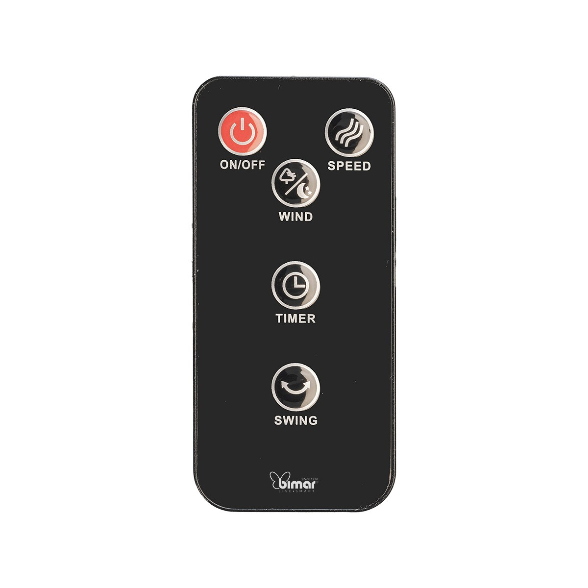 Black remote control with on/off, speed, wind, timer, and swing buttons. The brand name is visible at the bottom.